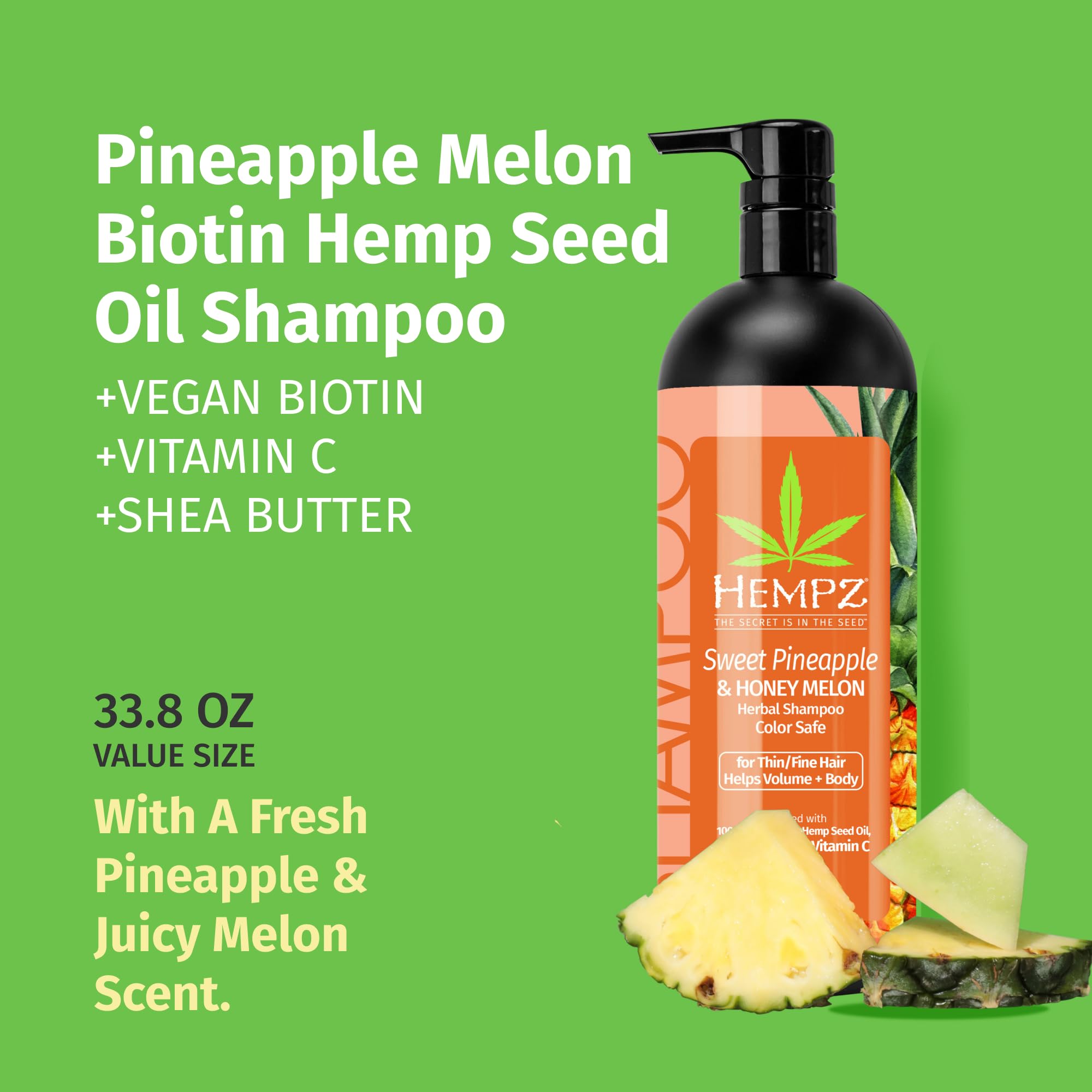 Hempz Biotin Hair Shampoo - Sweet Pineapple & Honey Melon - For Thin/Fine Hair Growth & Strengthening of Dry, Damaged and Color