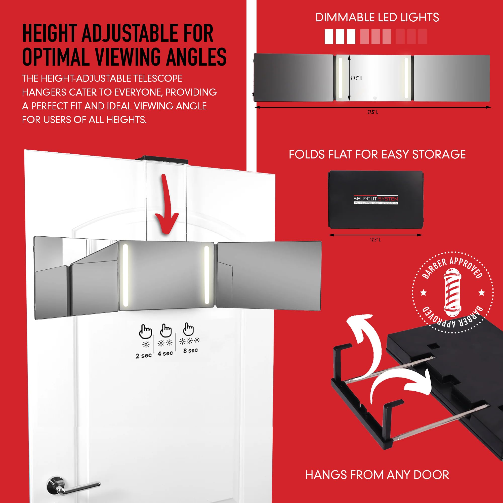 Self-Cut System - 3 Way Mirror With Lights - Three Way Mirror For Self Hair Cutting - Over The Door Mirror - Trifold Mirror - 36