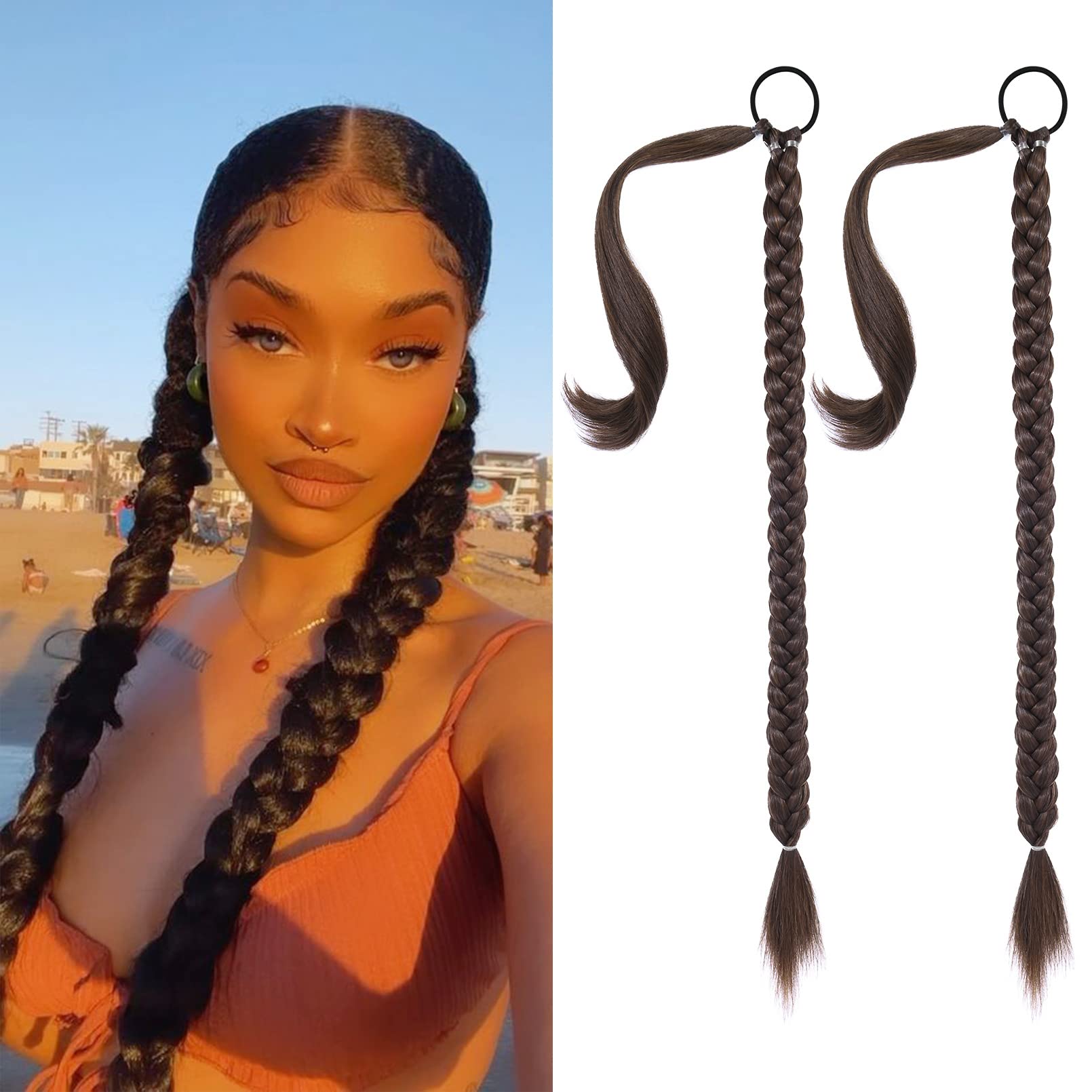 SEIKEA 2PCS Long Braid Ponytail Extension with Hair Tie Long Straight Wrap Around Hair Extensions Ponytail Soft Synthetic Hair D