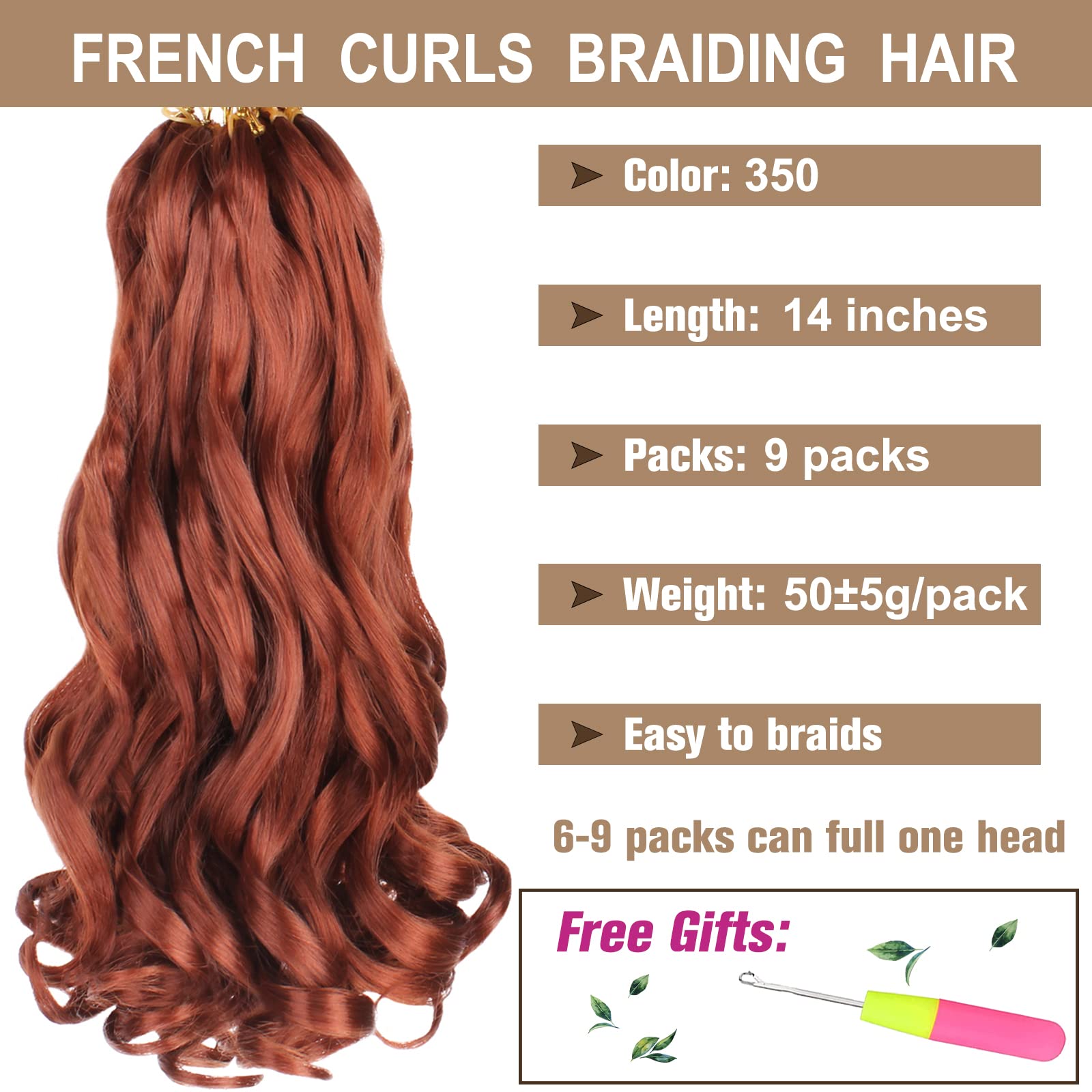 COOKOO 14 Inch 9 Packs Ginger French Curl Braiding Hair for Black Women Short Cooper Red Crochet Box Braids With Curly Wavy Ends