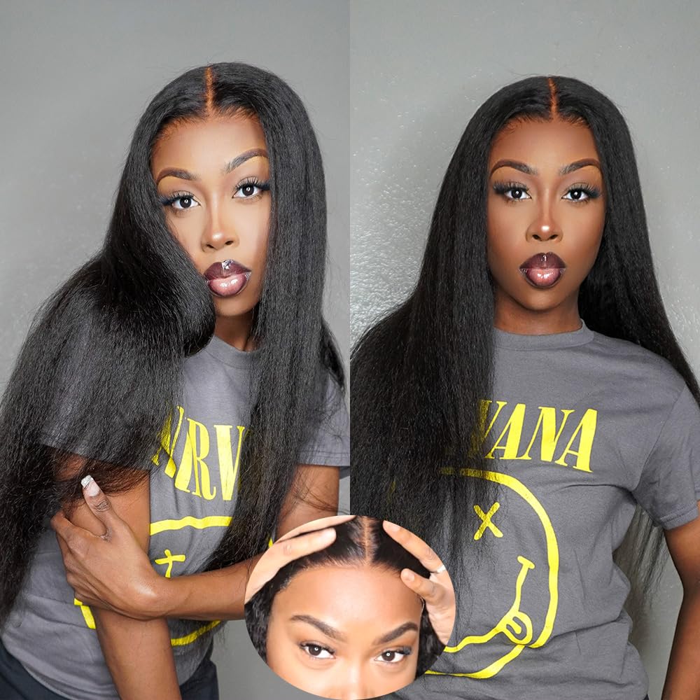Domiso 26 Inch Kinky Straight Wear and Go Glueless Wigs Human Hair Pre Plucked Pre Cut 6x4.6 HD Lace Yaki Straight Lace Front Wi