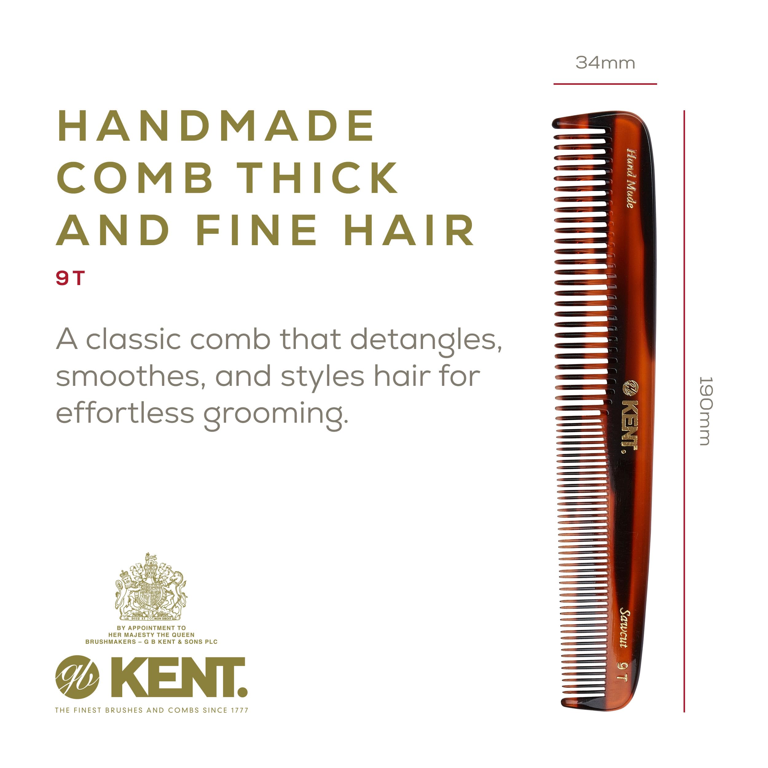 Kent 9T Tortoiseshell Fine Tooth And Wide Tooth Comb Detangler Hair Combs - Large Handmade And Saw-Cut Dressing Comb - Wet Hair