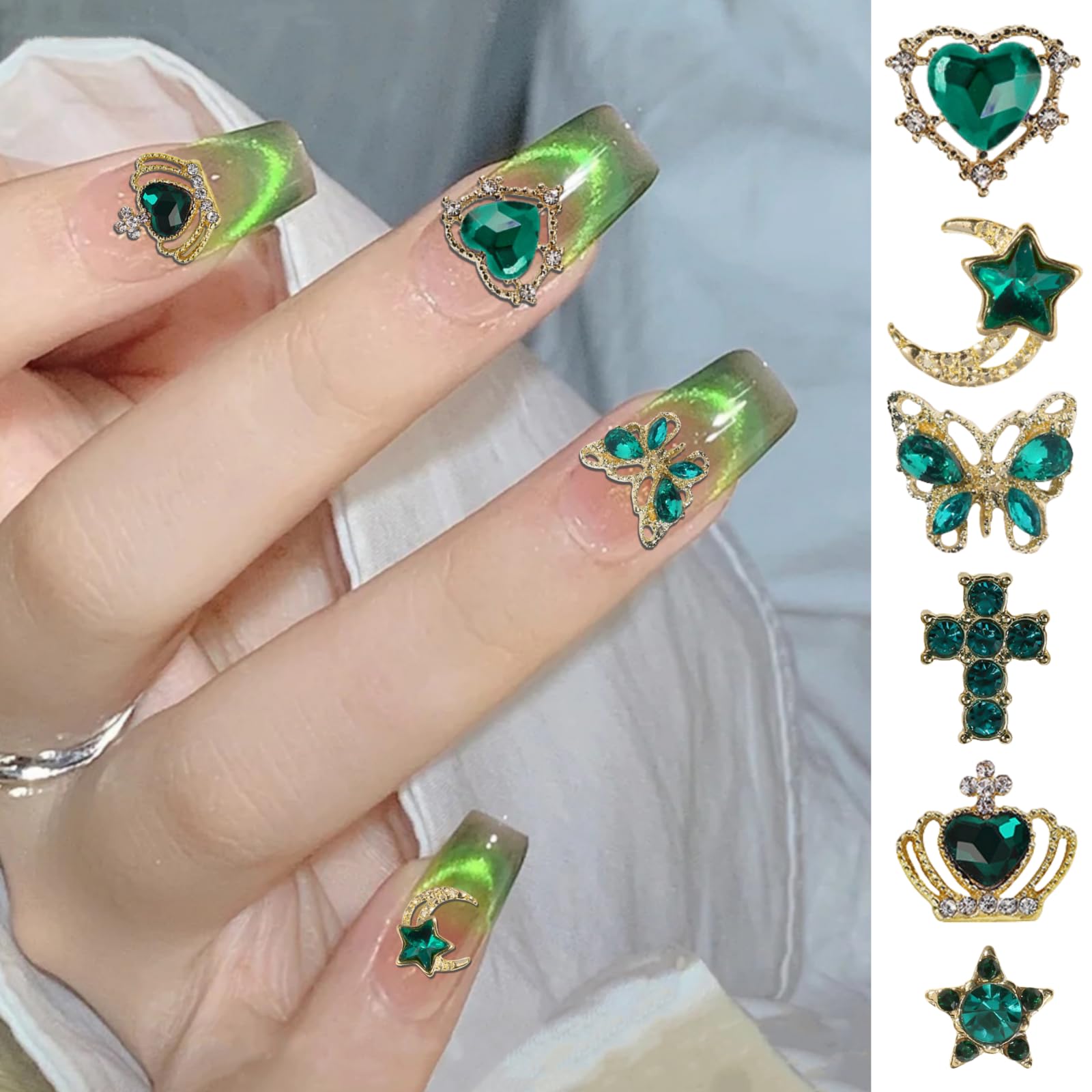 Edittime Metal Alloy Nail Charms Rhinestones Kit 3D Gold Silver Stars Butterfly Heart Rose Flower Nail Gems Shiny Crystal Rhines