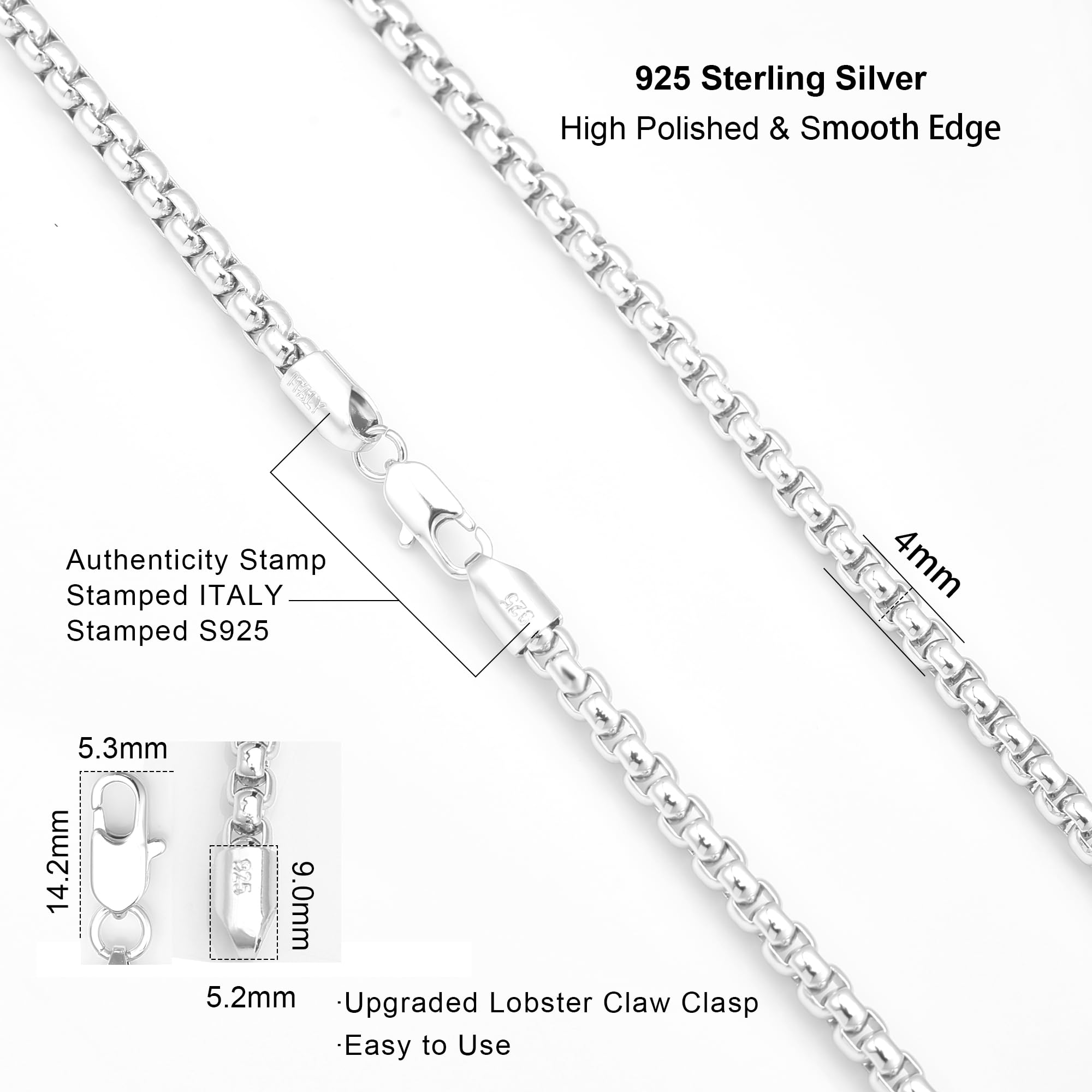 Waitsoul 925 Sterling Silver Box Chain Lobster Clasp 4mm Silver Chain for Women Men Silver Necklace Chain 16-30 Inches (30)