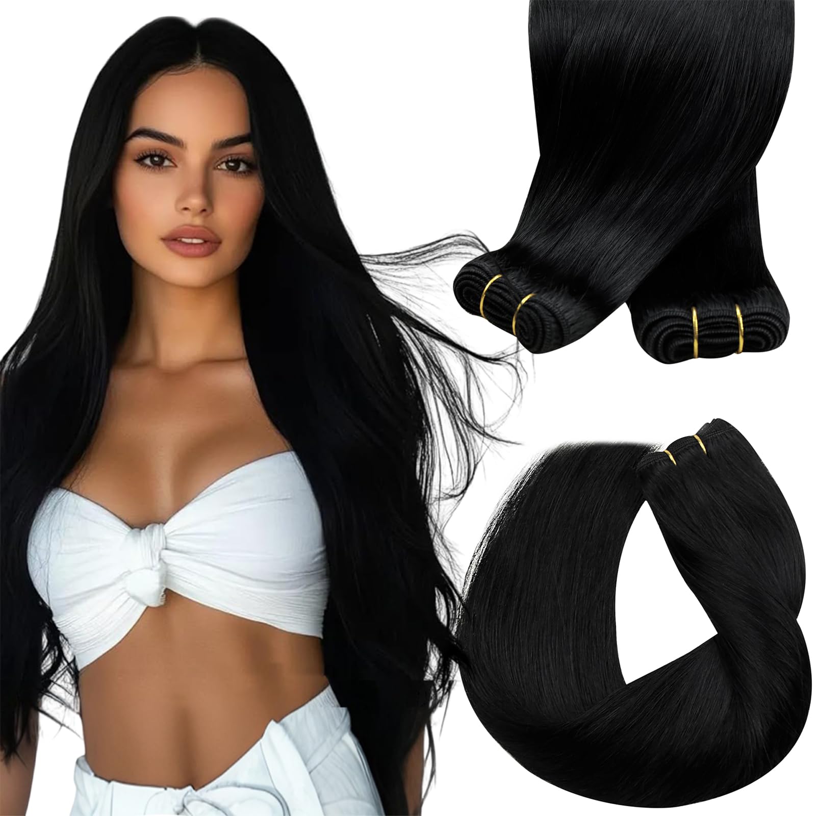 Sunny Hair Sew in Hair Extensions Real Human Hair 24inch Black Human Hair Weft Extensions Long Straight Hair Extensions Sew in J