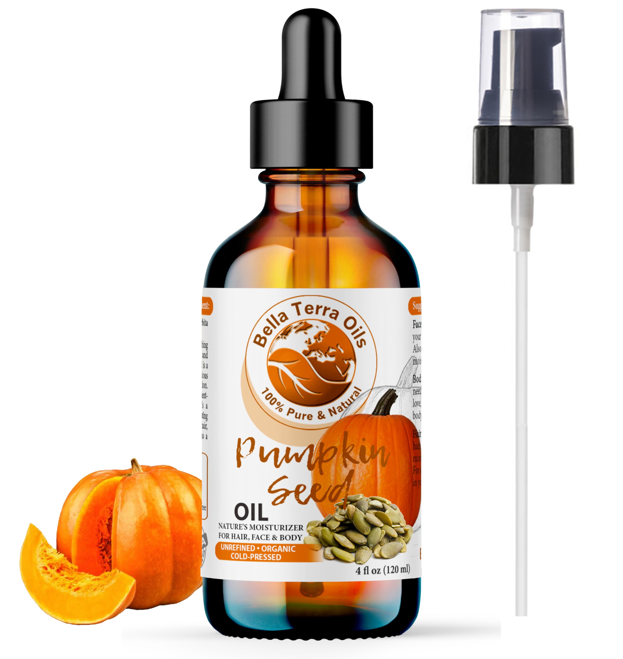 Bella Terra Oils - Organic Pumpkin Seed Oil 4oz - A Rendezvous with Organic Pumpkin's Nutritional Delight, Abundant in Vitamin C