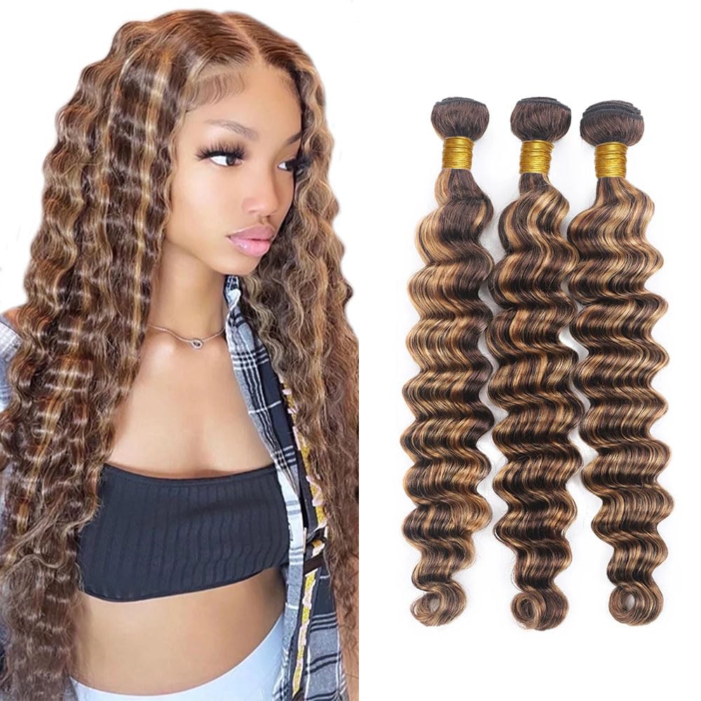 4/27 Human Hair Bundles Ombre Honey Blonde/Brown Highlight Deep 24Inch 150G