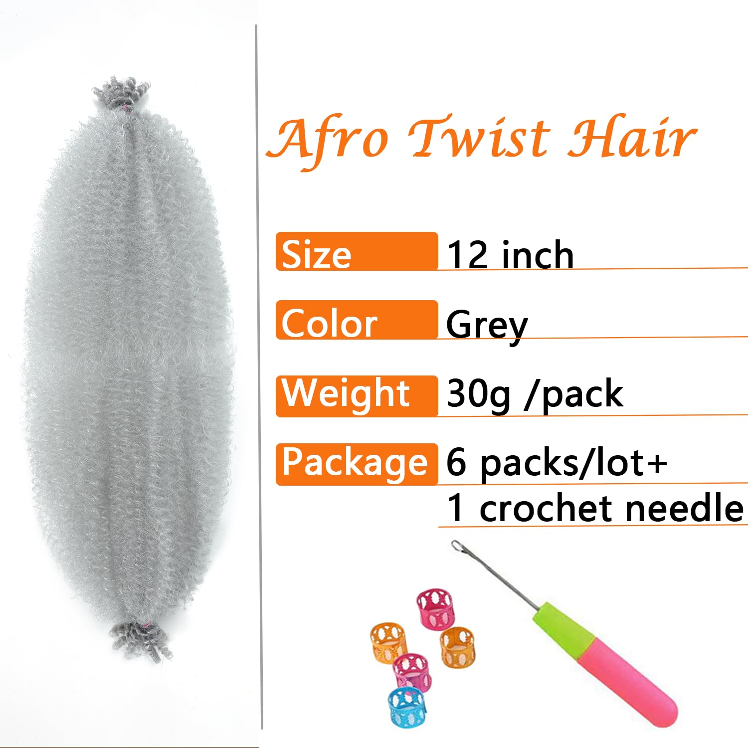 Springy Afro Twist Hair 12 Inch 6 Packs Pre Fluffed Marley Twist Braiding Hair For Black Women (12 Inch, 6 Packs, Grey)