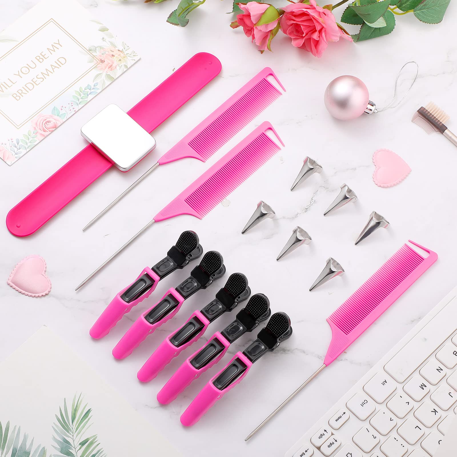 24 Pieces Braiding Combs Magnetic Wrist Sewing Pincushion Sets 3 Pieces Stainless Steel Rat Tail Combs 10 Pieces Hair Parting Ri
