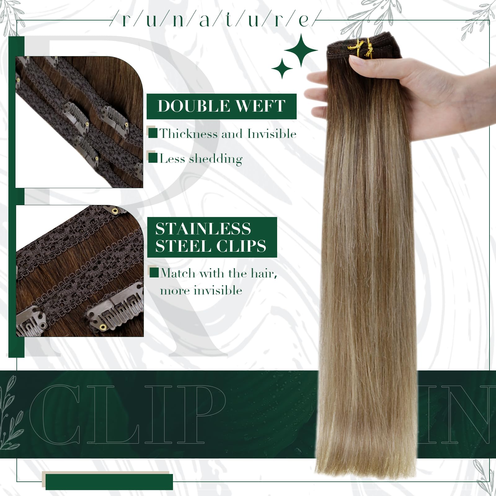Runature 16 Inch Clip In Hair Extensions Real Human Hair Balayage Brown To Blonde Balayage Hair Extensions Clip In Human Hair Th