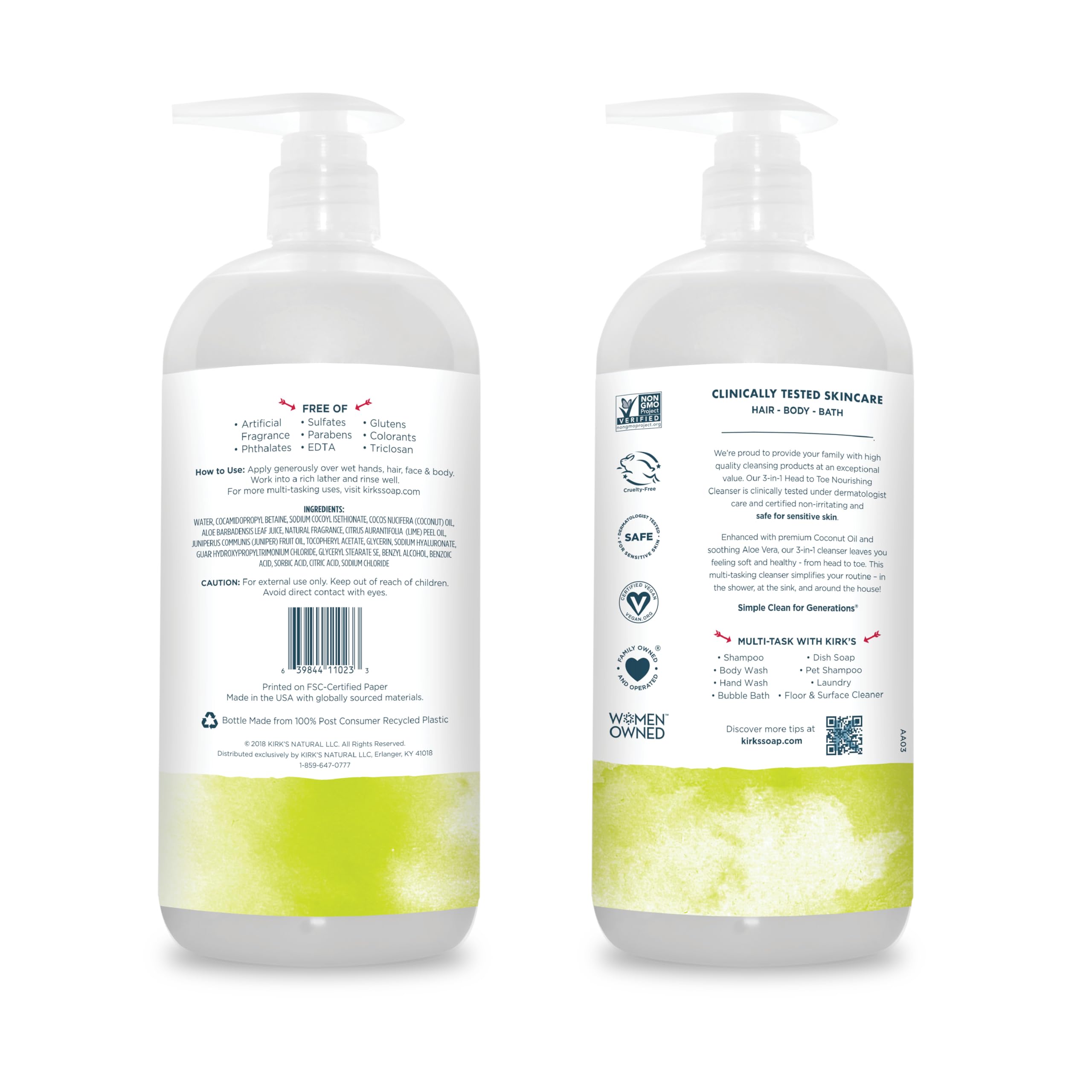 Kirks 3-In-1 Castile Liquid Soap Head-To-Toe Clean Shampoo, Face Soap & Body Wash For Men, Women & Children  Coconut Oil + Aloe