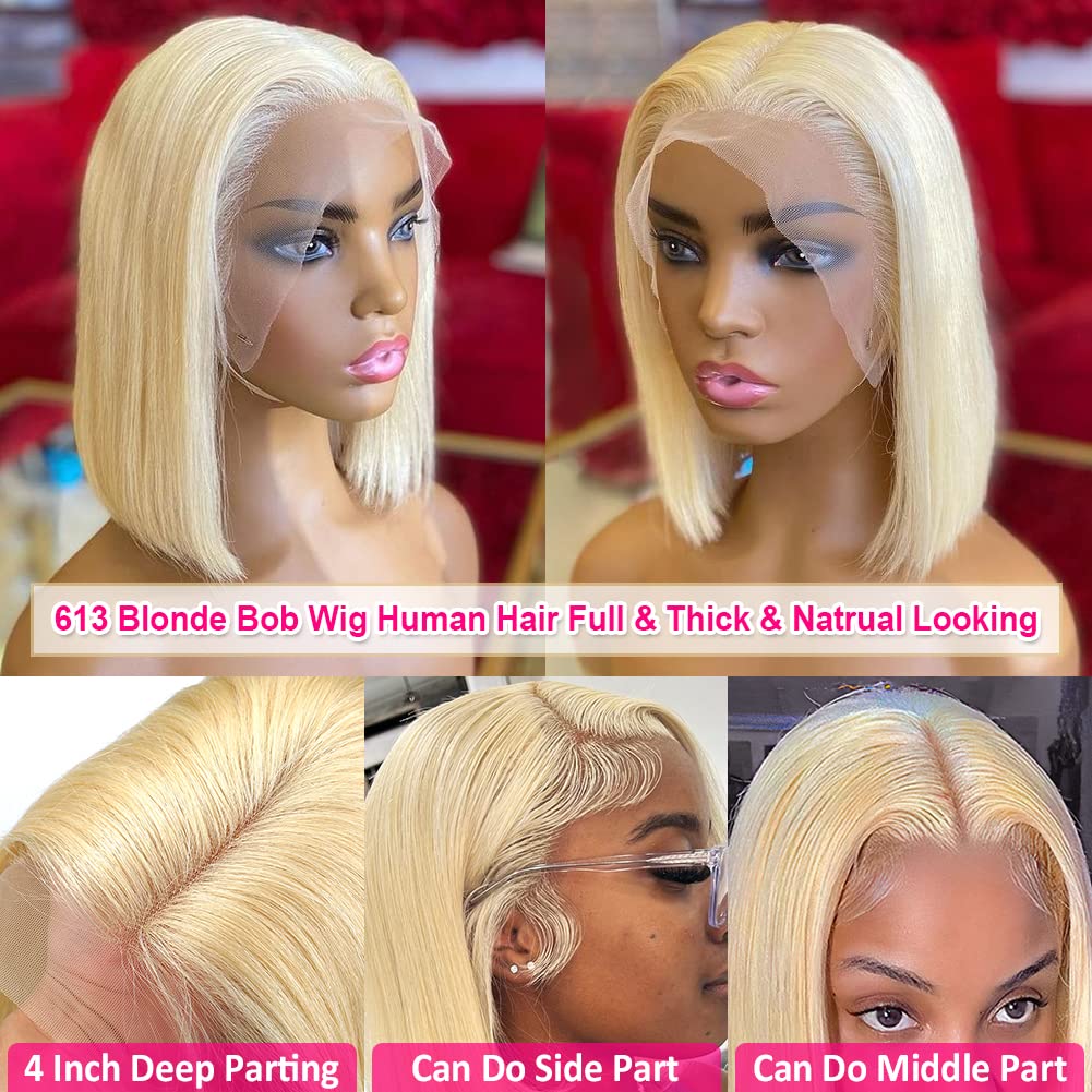 Flady 12 inch Blonde Bob Wig Human Hair 613 13X4 Lace Front Wigs Human Hair Pre Plucked 613 Blonde HD Lace Frontal Wig 150% Dens