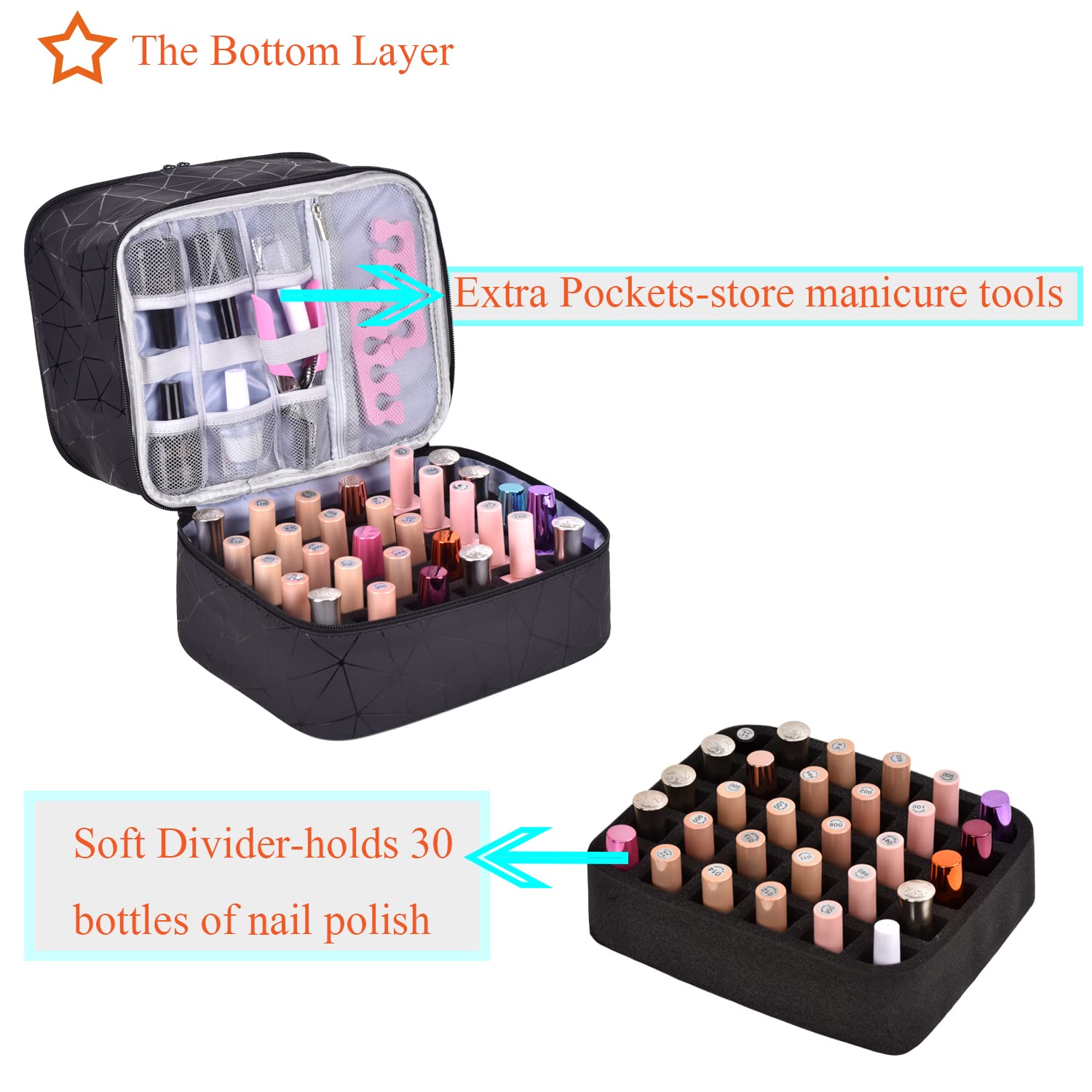 CTWWFS PU Leather Nail Polish Organizer and Nail Lamp Case, Nail Kit Organizer Holds 30+ Bottles (15ml - 0.5 fl.oz) and a Nail L