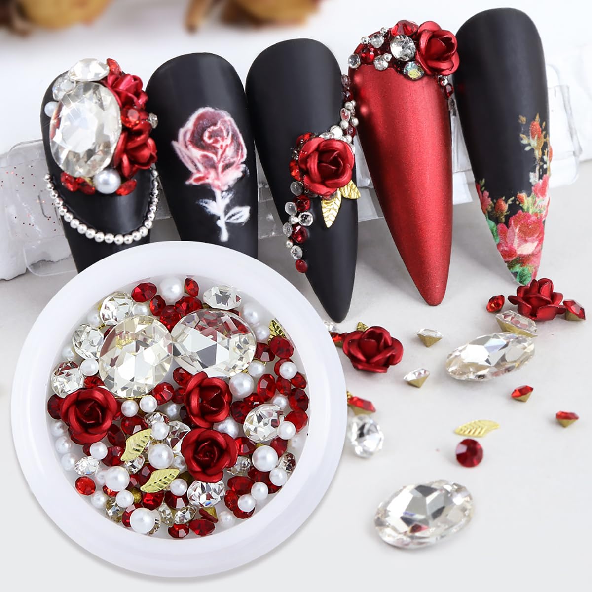 3D Red Rose Nail Art Charms, Romantic Flowers Nails Decorations Mix Shiny Pearl Crystal Gems Nail Rhinestones Diamonds for Girl 