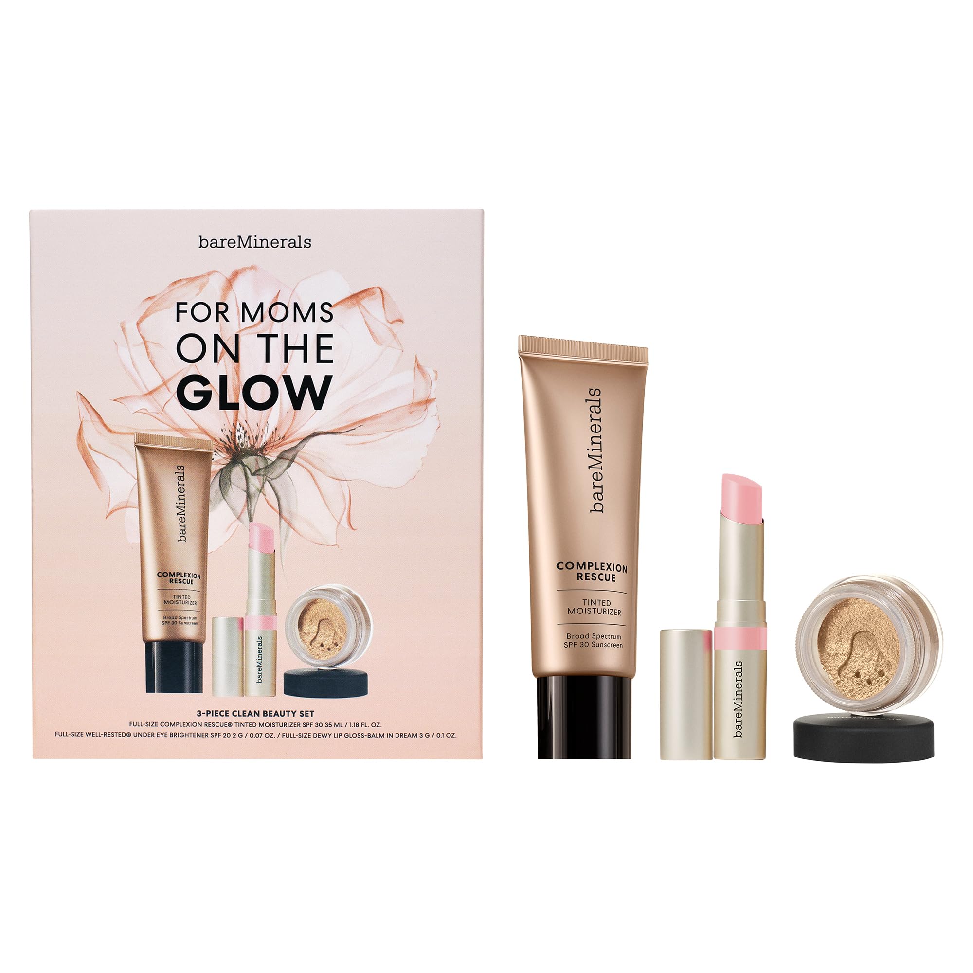 bareMinerals 3-Piece Clean Beauty Gift Set, Includes 3 Full-Sizes, Tinted Moisturizer Mineral SPF 30 + Hyaluronic Acid, Under-Ey