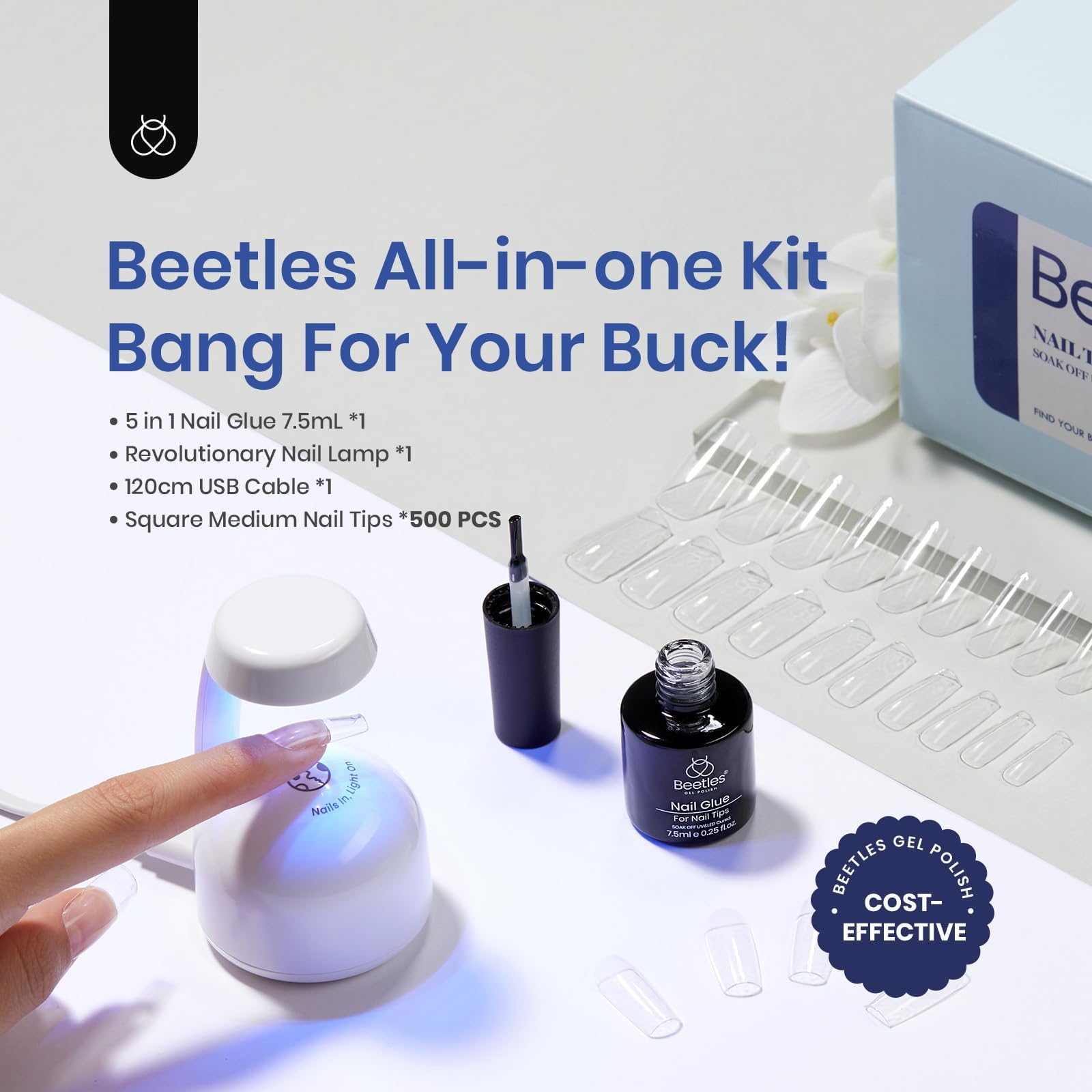 Beetles Easy Nail Extension Set With 500Pcs Gel Nail Tips Medium Square Shape 5 In 1 Nail Glue Base Gel And Innovative Uv Led La