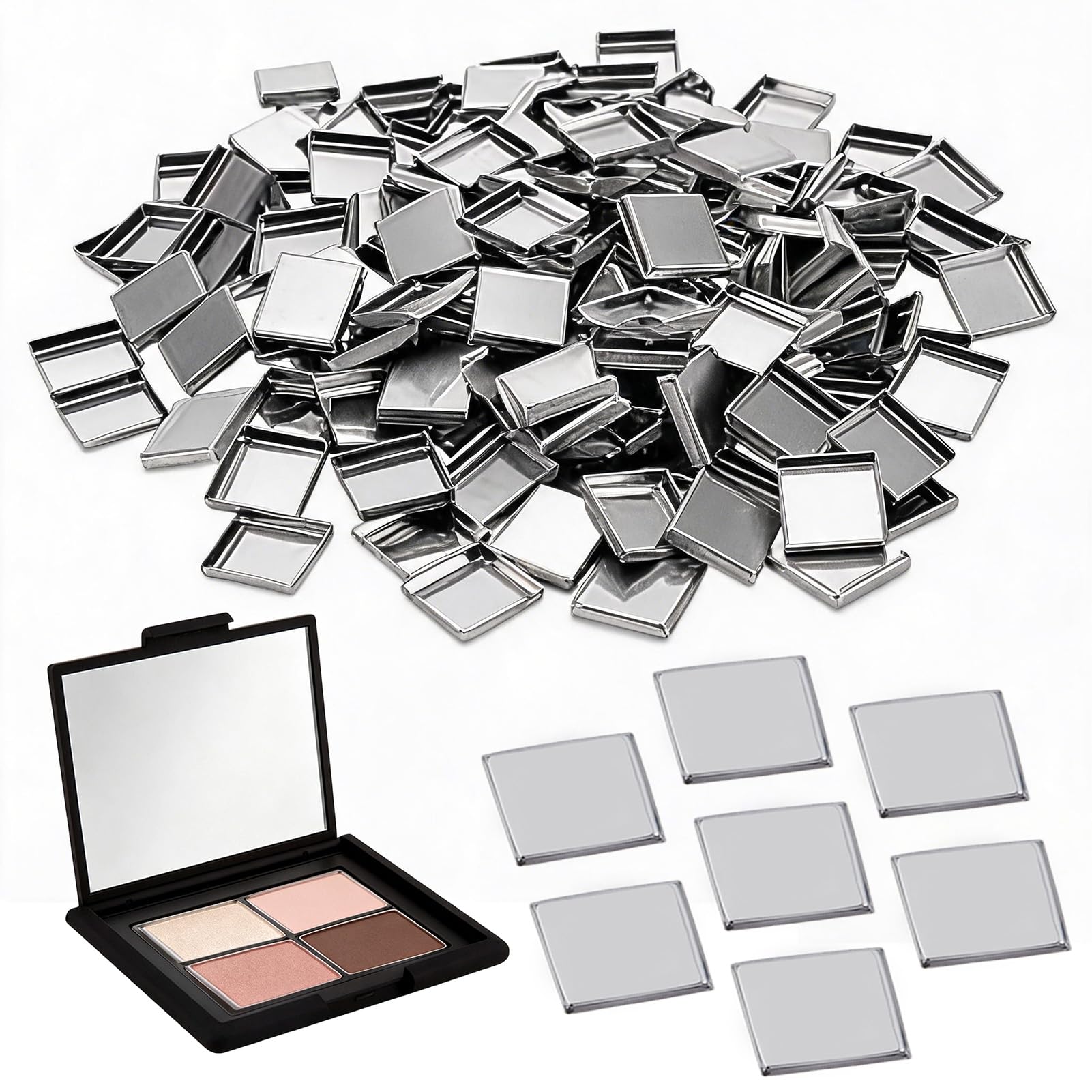 NICENEEDED 100PCS 19 x 15.8mm Empty Eyeshadow Pans, Square Metal Small Palette Pans, Make Up Tins Rectangle Blush Lipstick Organ