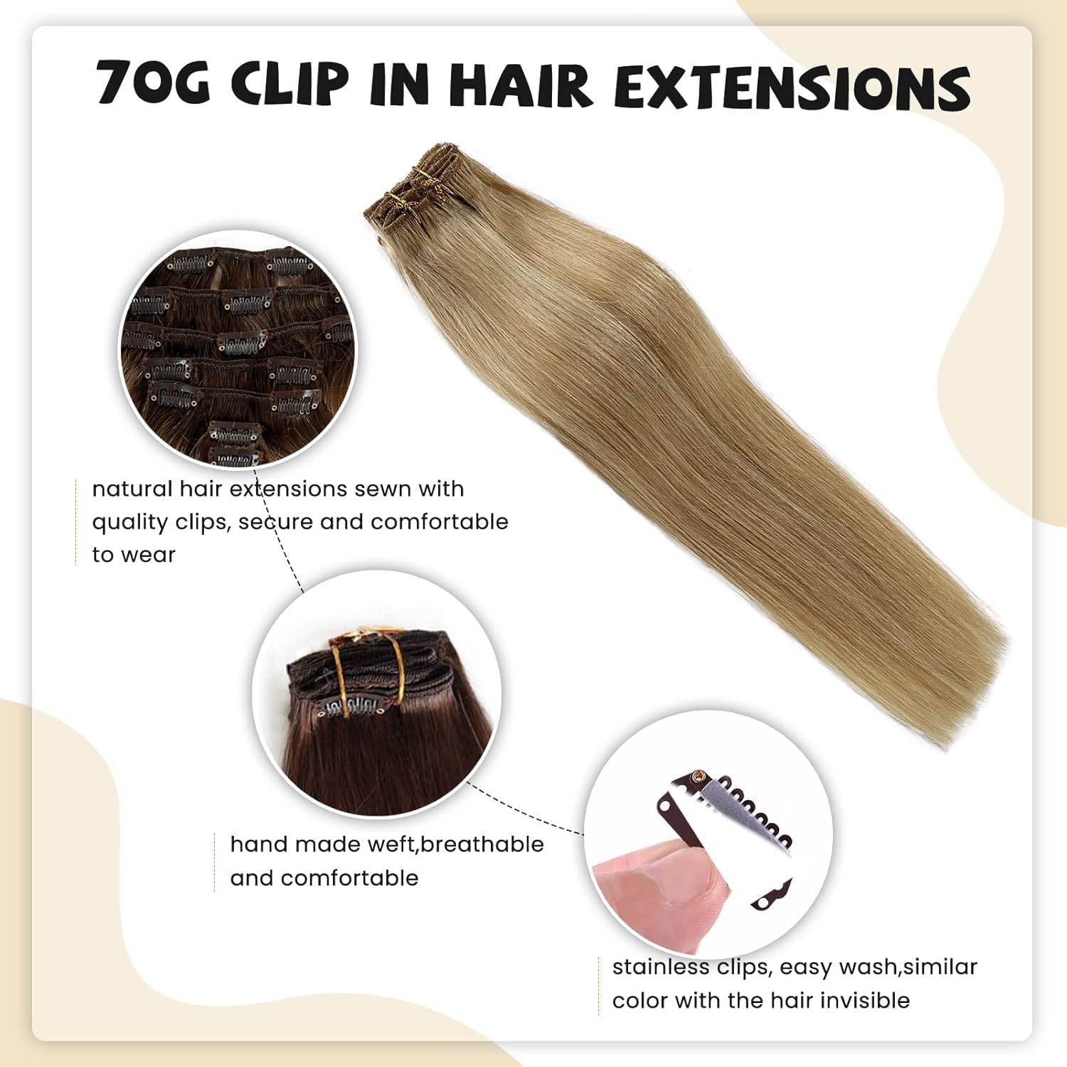 Clip In Hair Extensions Real Human Hair 27/613 Honey Blonde Highlighted Bleach Blonde, Clip In 100% Brazilian Remy Human Hair Ex