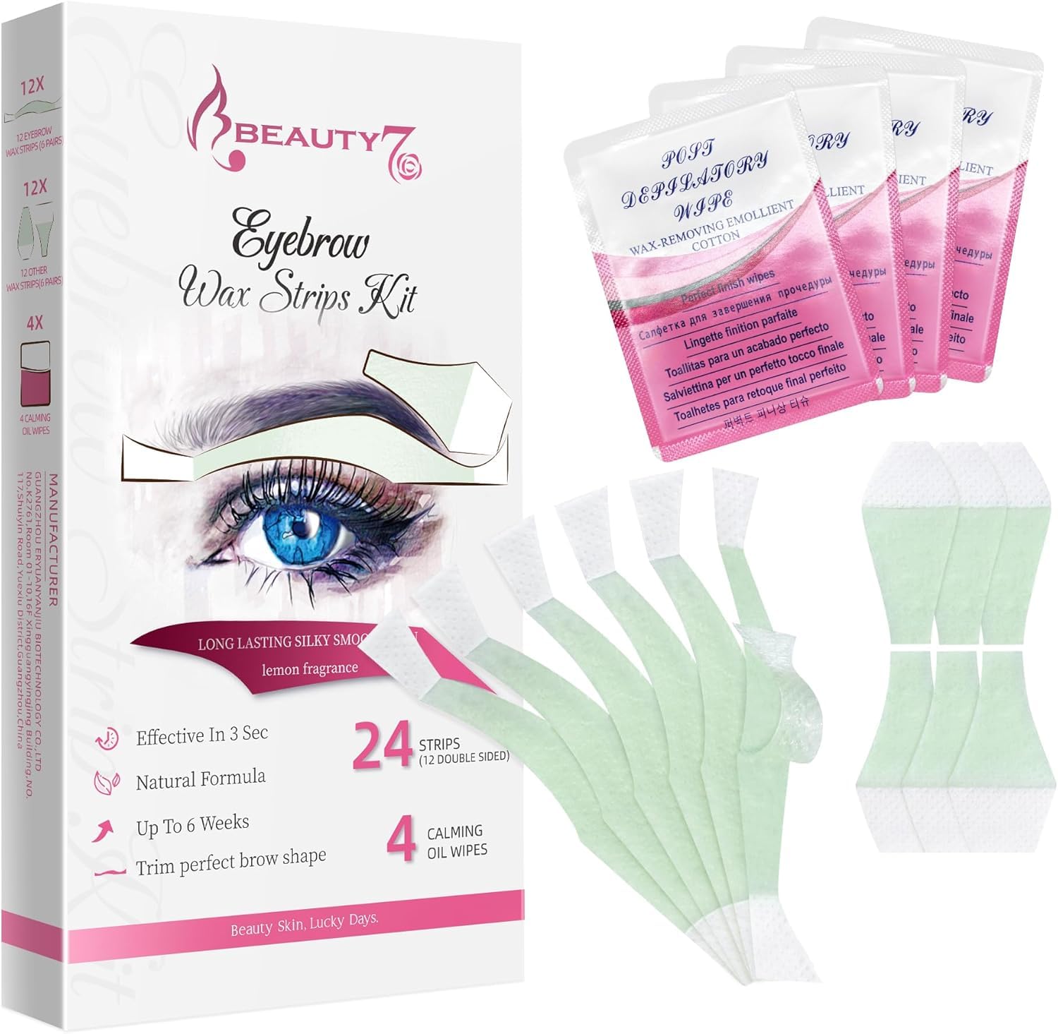 Beauty7 Facial Wax Strips Hair Removal Eyebrow Wax Strips Kit Eyebrow Shaper at Home Waxing 24 Strips 4 Calming Oil Wipes for Se