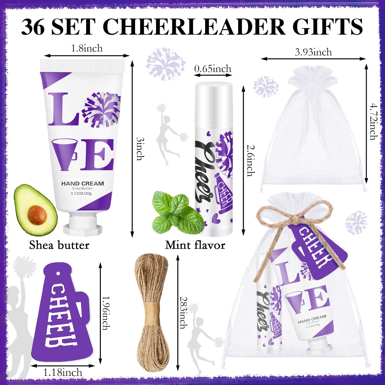 Heigble 144 Pcs Cheerleading Lip Balms Hand Cream Sets Purple Cheerleading Party Supplies Including 36 Lip Balm and Moisturizing