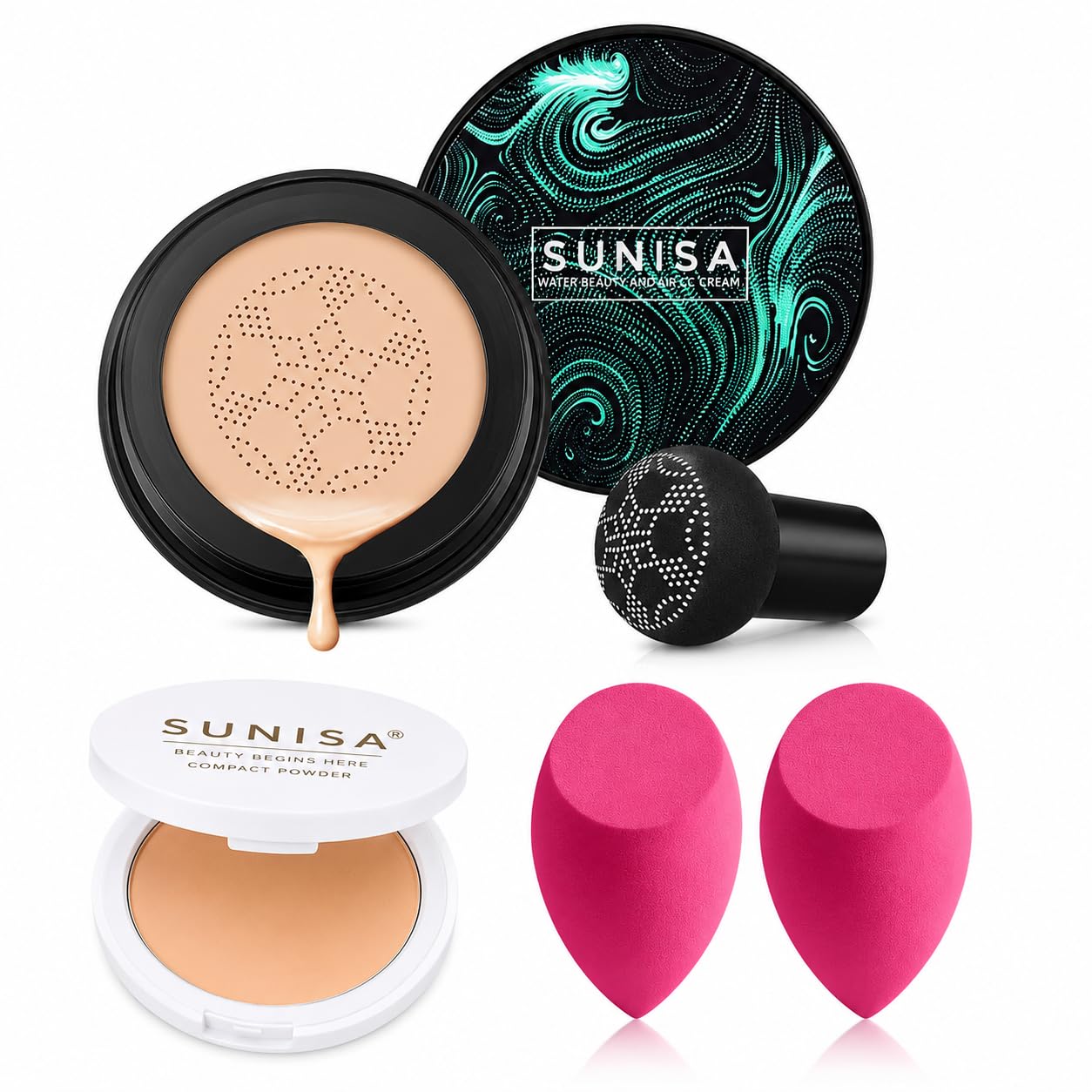 Sunisa Bb And Cc Cream Full Coverage Matte Foundation For All Skin Type With Mushroom Head Air Cushion 20G And 1 Studio Fix Comp