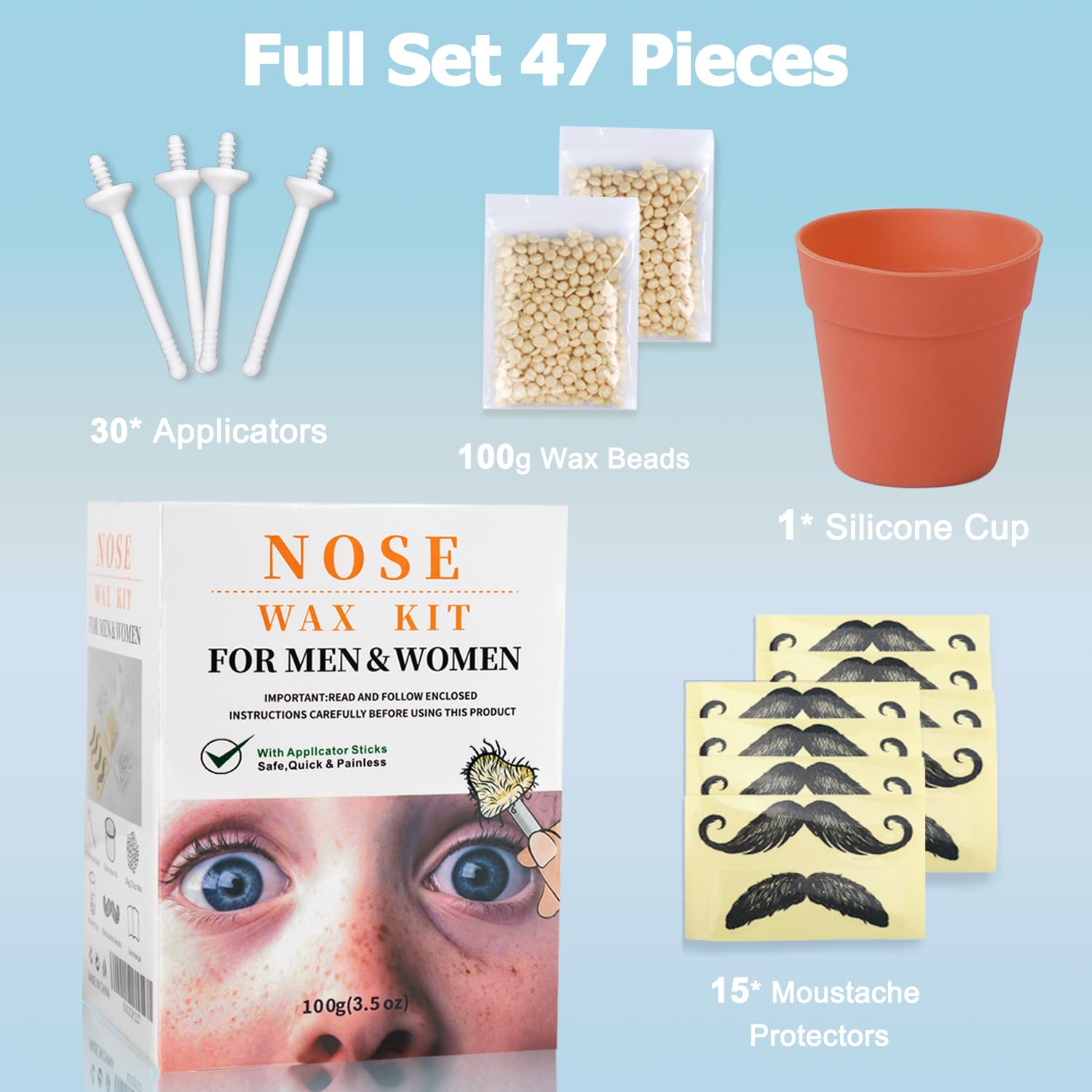 Nose Wax Hair Removal Kit By Cofashion | 100G Wax, 30 Applicators (15-30 Uses) | Painless, Quick & Easy For Men | 15 Mustache Gu