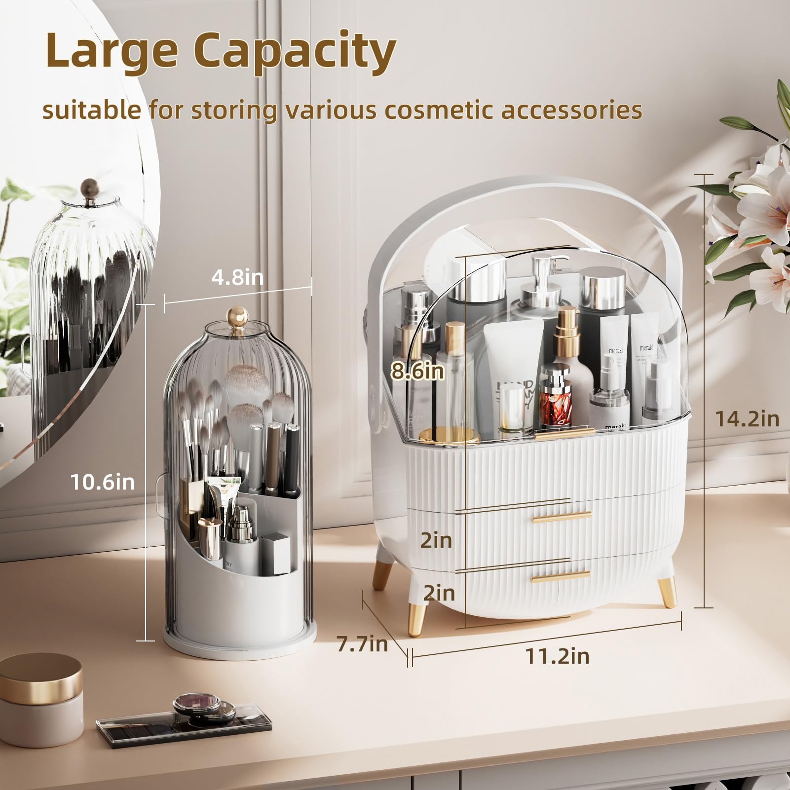 Makeup Organizers Countertop, Makeup organization for Vanity, Cosmetic Storage with Lid and Drawers, Skincare Display Cases with