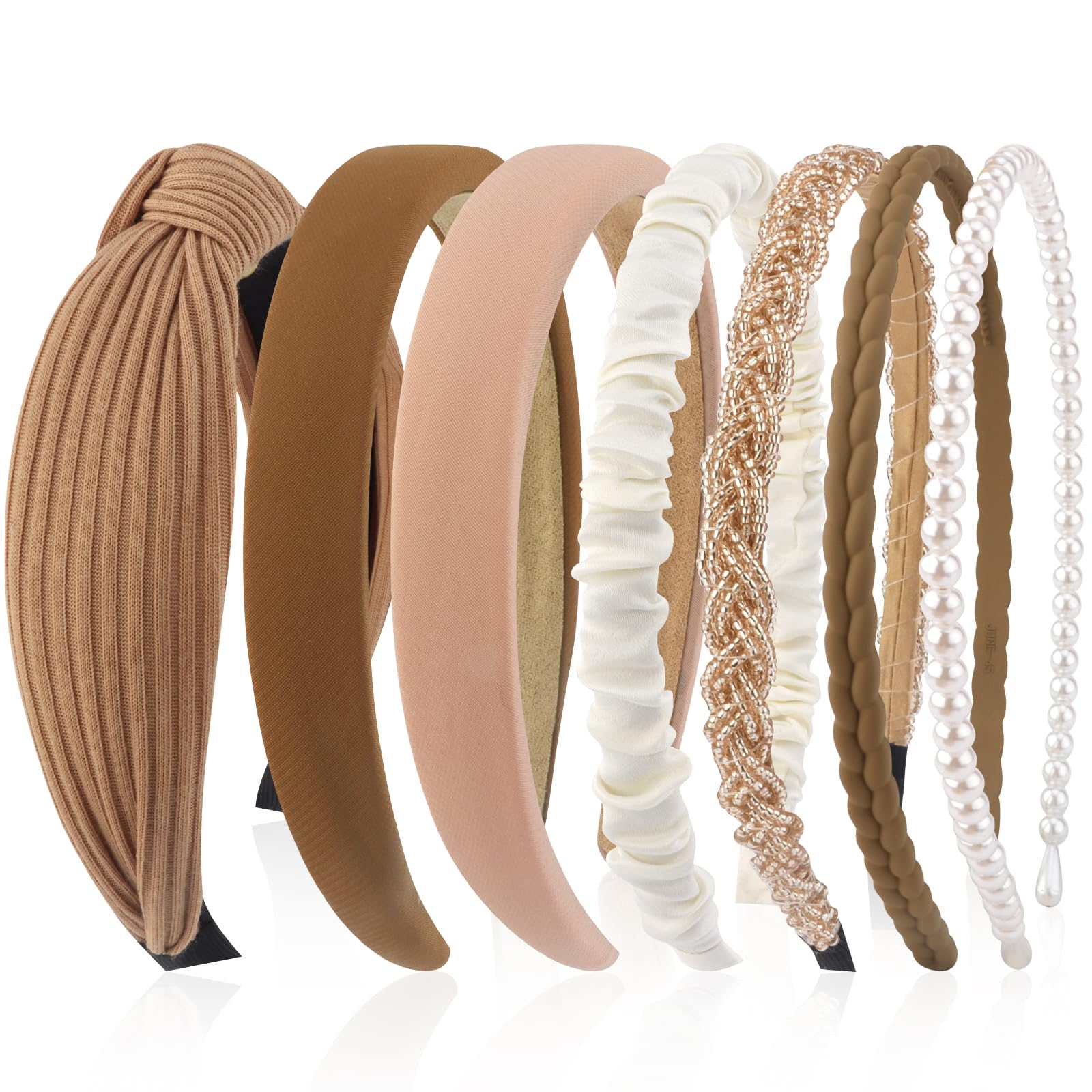 VELSCRUN 7 Pcs Different Headbands for Women Fashion Brown Knotted Solid Head Bands Pearl Headband Non Slip Hair Band for Womens