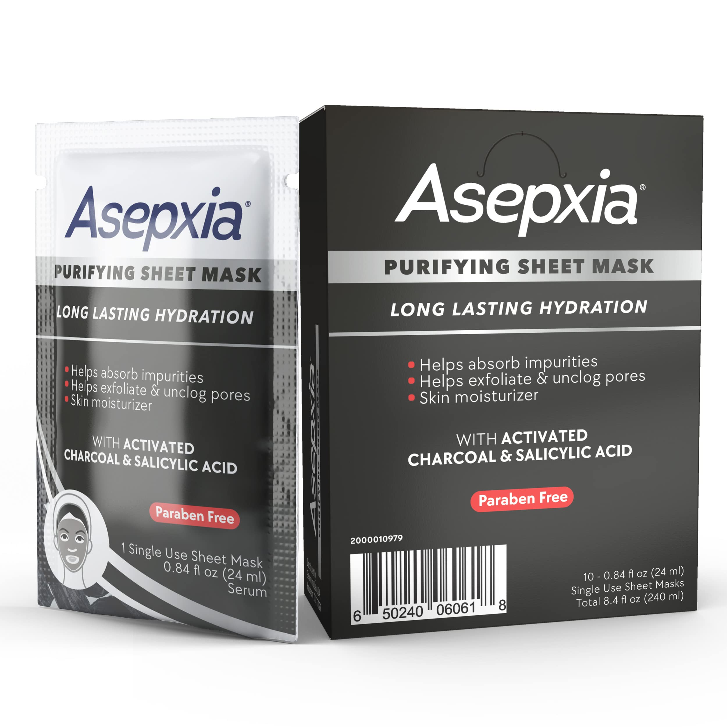 Asepxia Oil-Free Purifying Facial Sheet Mask With Activated Charcoal & Salicylic Acid, 10 Sheet Masks [Pls Confirm Qty]