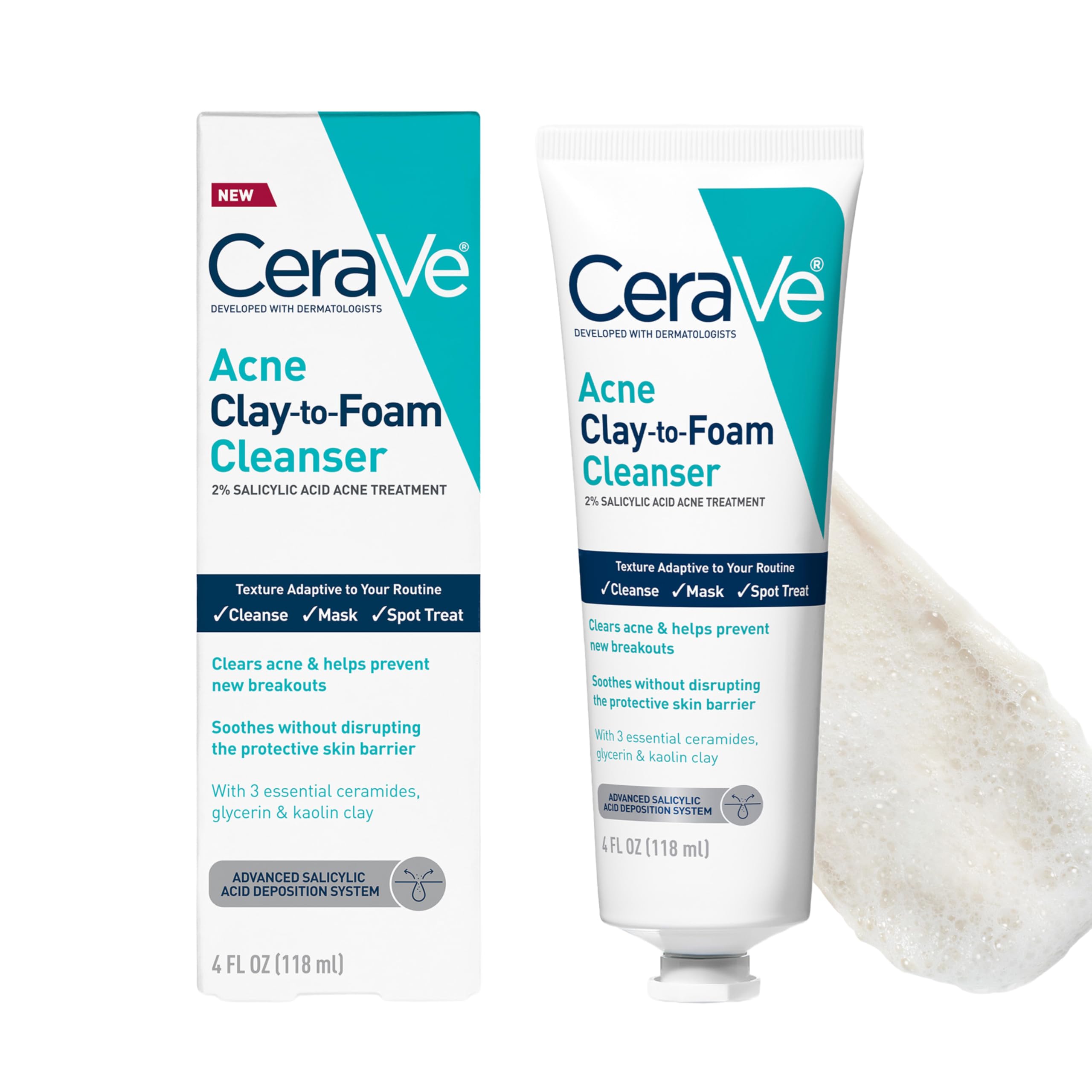 CeraVe Clay To Foam Acne Face Wash, MultiUse Salicylic Acid & Kaolin Clay Acne Spot Treatment Clears Pimples & Blackheads, Prev