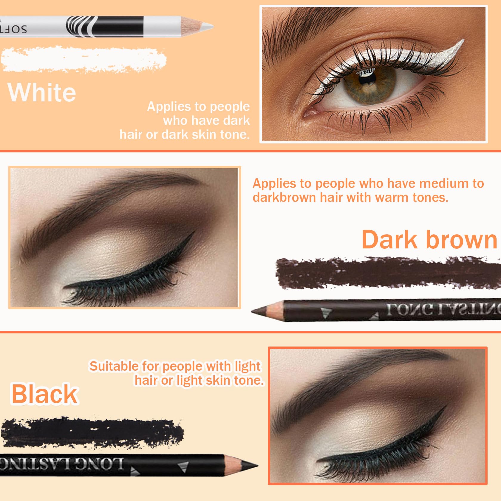LJYBoBin 12PCS Eyeliner Pencil,Black White Dark Brown Waterproof Eyeliner Pencil Pen Set,Smudge-proof Long Lasting Matte Eye Lin