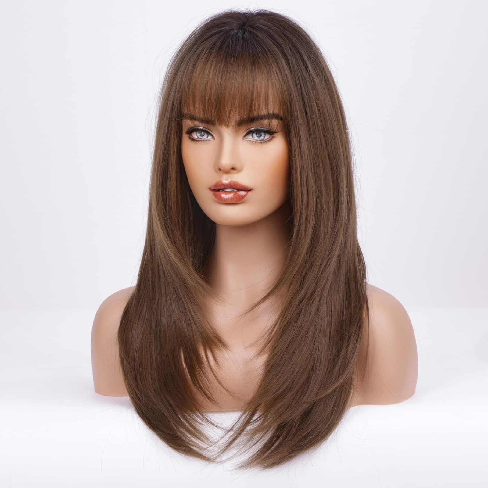 Haircube Dark Brown Synthetic Women'S Wig Layered Wigs With Bangs Middle Length Straight And Heat Resistant