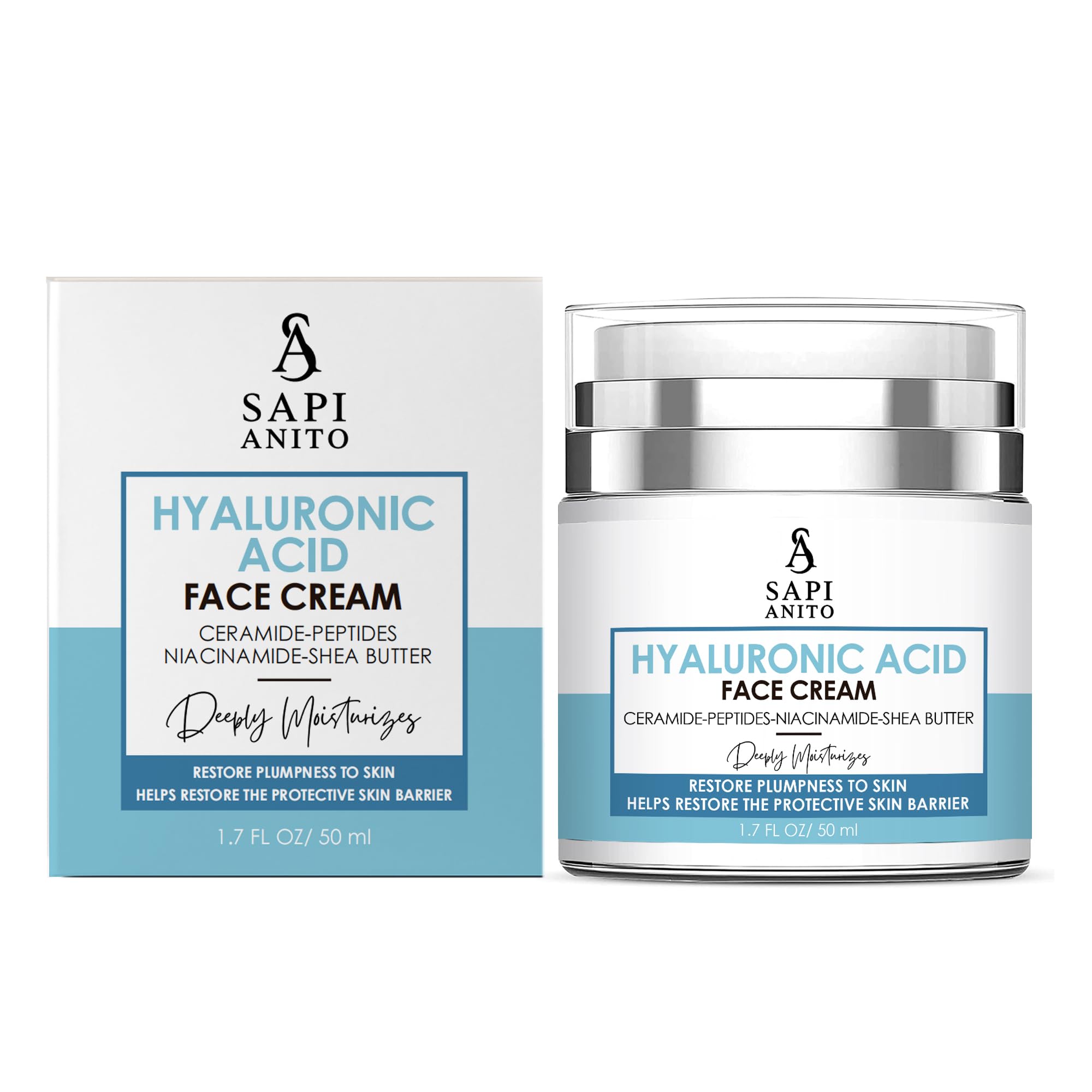 Sapi Anito Hyaluronic Acid Face & Neck Cream  With Ceramides, Peptides, Niacinamide & Vitamin C  Hydrating Moisturizer for Bar