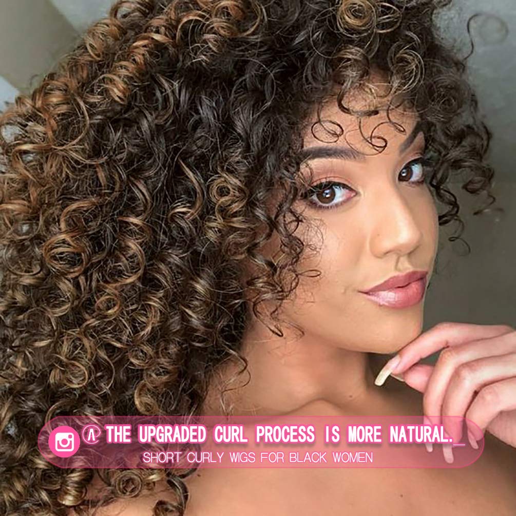 Rosmile Curly Wigs For Black Women - Ombre Brown #4T30 Synthetic African American Full Kinky Curly Afro Hair Wig With Bangs (Fre
