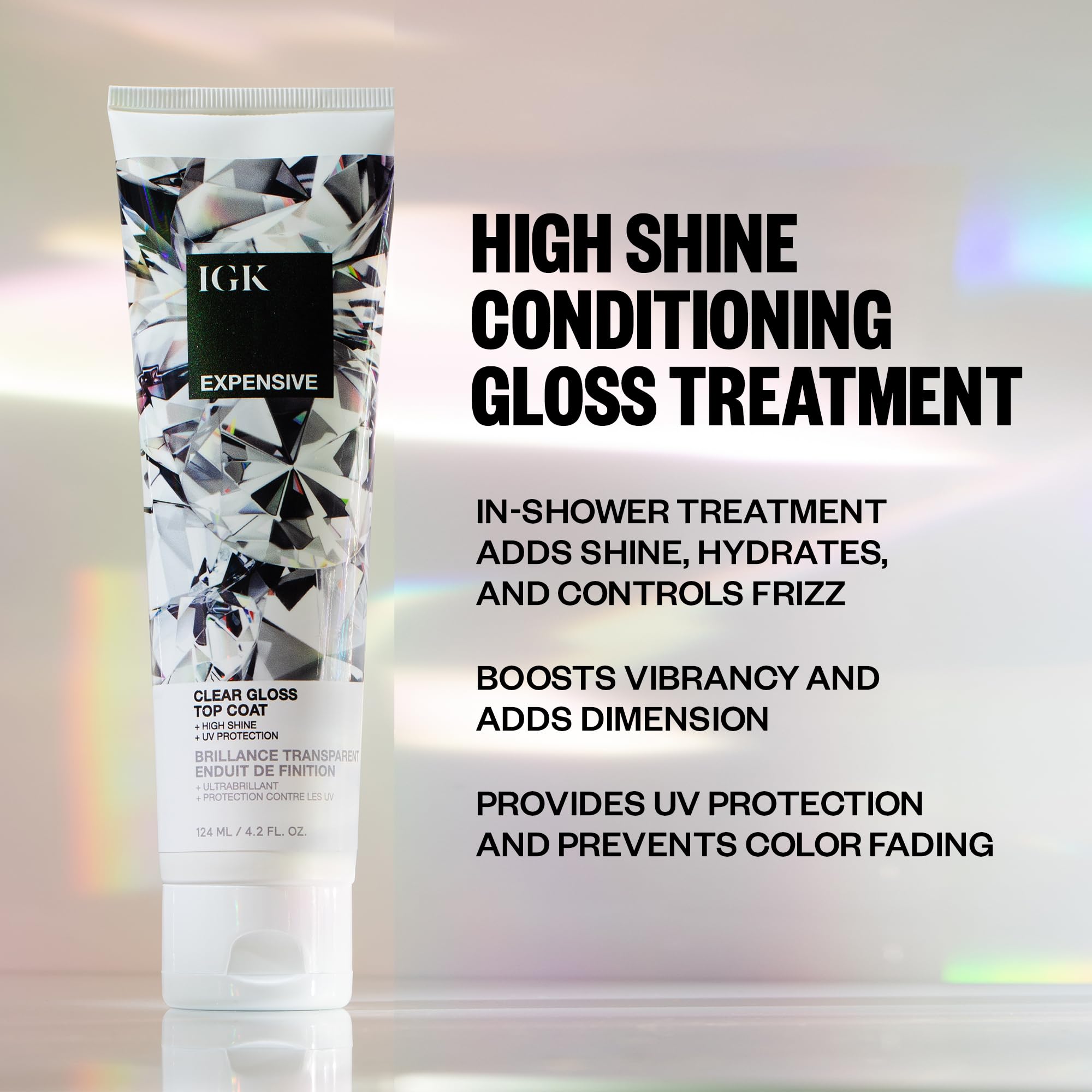 IGK EXPENSIVE Clear Gloss Top Coat - 4.2 Oz, Shine & Strengthen, Vegan & Cruelty Free, Clear Finish for Smooth Hair