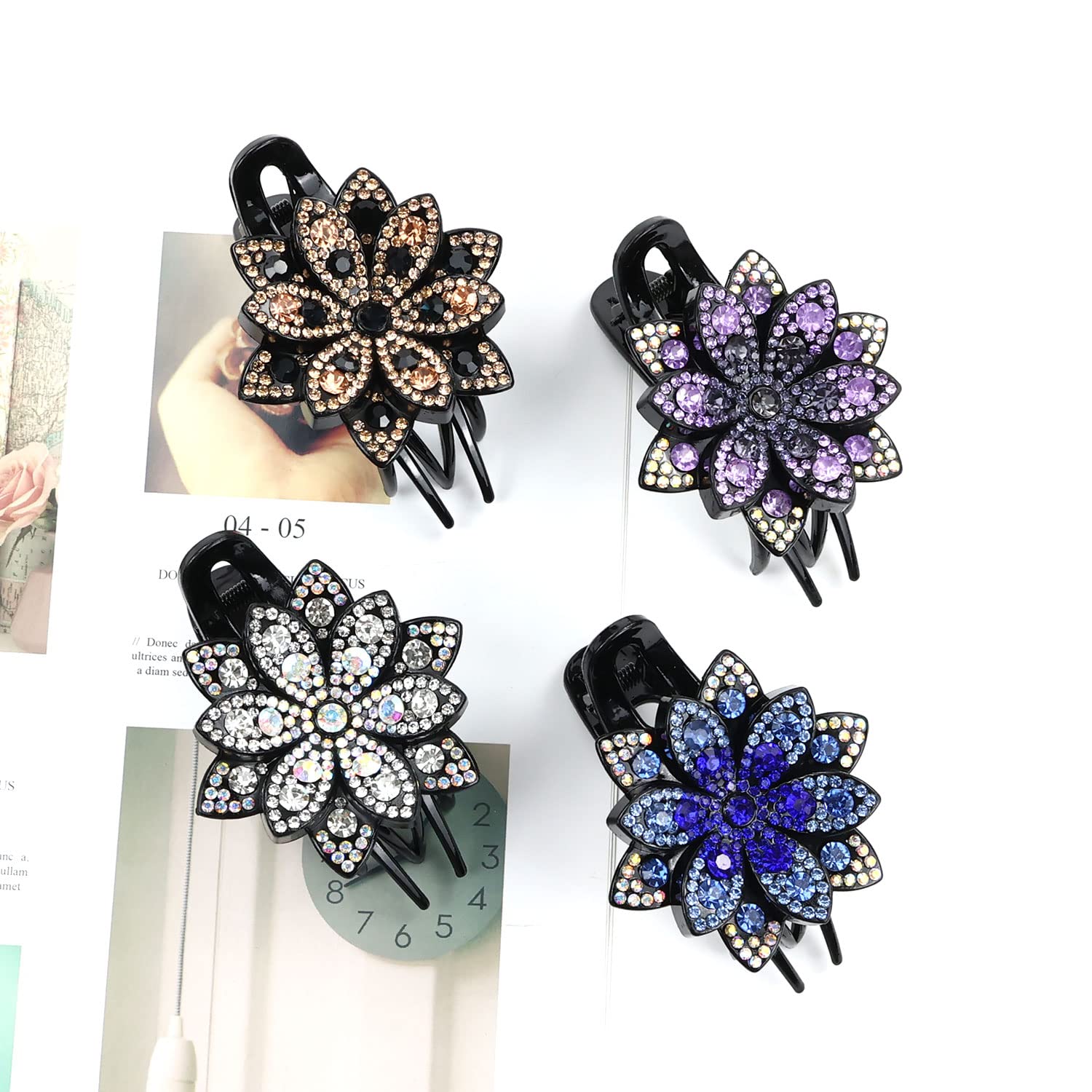 Insowni 4 Pack Luxury Fancy Glitter Sparkly Crystals Rhinestones Decorative Plastic Flower Hair Claws Clips Floral Barrettes Bun