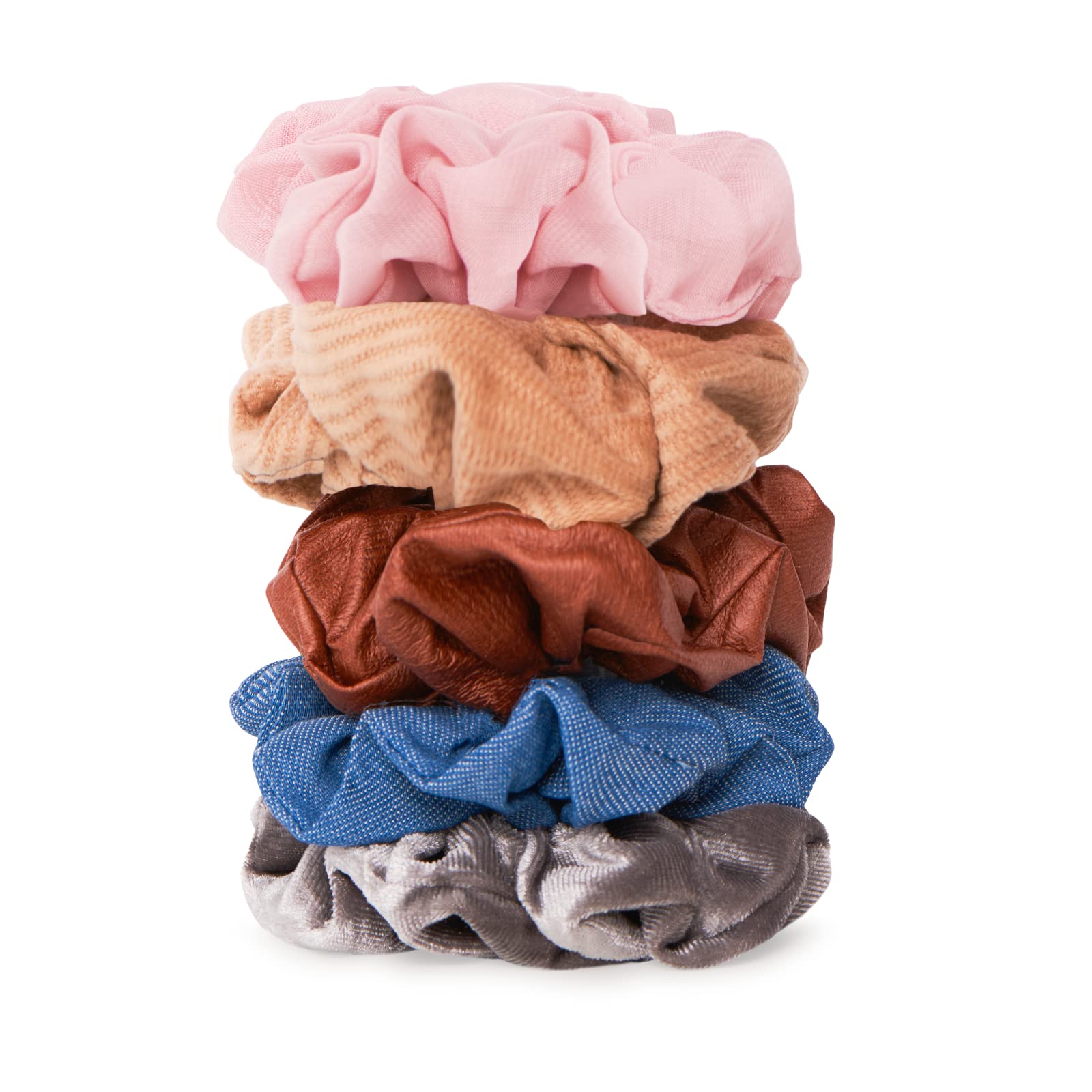 Gimme Beauty - Hair Scrunchies Variety Pack - Denim, Corduroy, Faux Leather, Blush, and Velvet Scrunchies - Gentle All Day Hold 