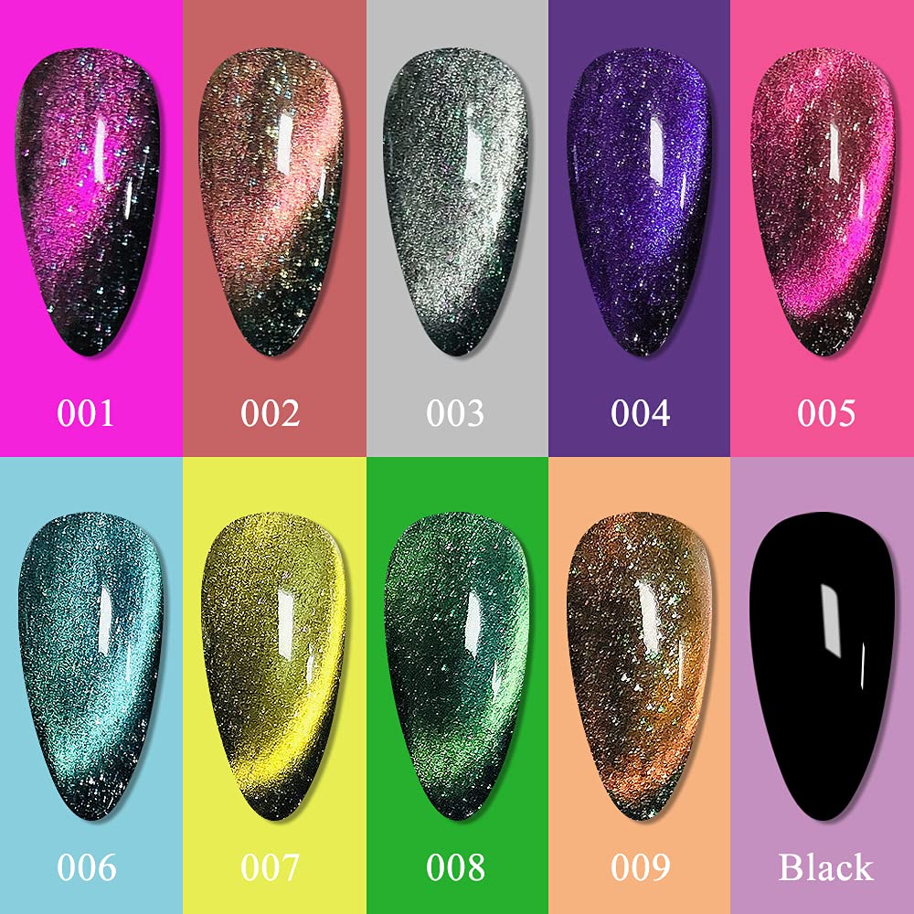 Mizhse Cat Eye Gel Nail Polish 10 Colors, Magnetic Gel Polish Set With Magnet Stick Black Gel, Holographic Shimmer Galaxy Effect