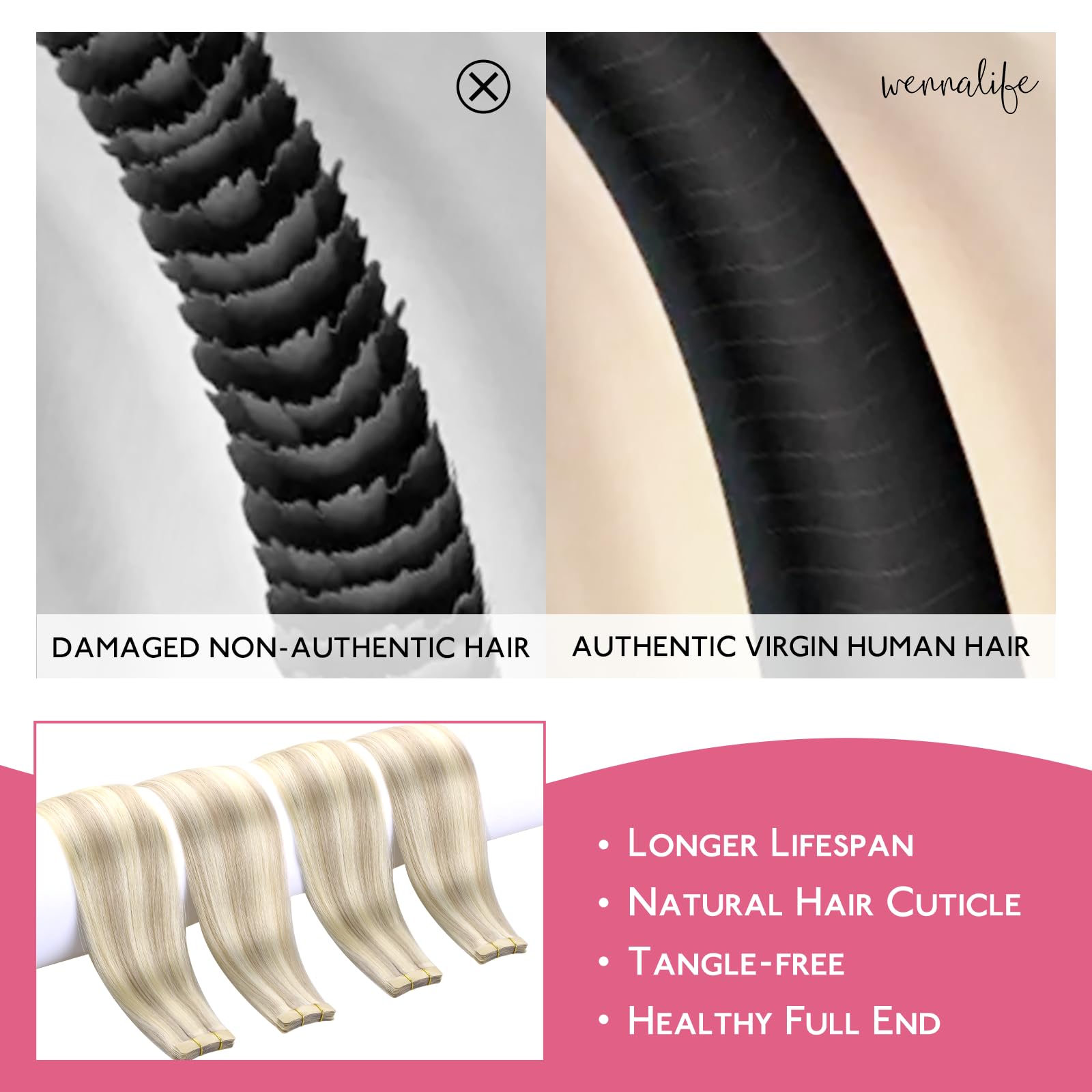 Wennalife Tape In Hair Extensions Human Hair Ash Blonde Highlighted Platinum Blonde Tape In Extensions, 10Pcs 30G 22 Inch Remy I