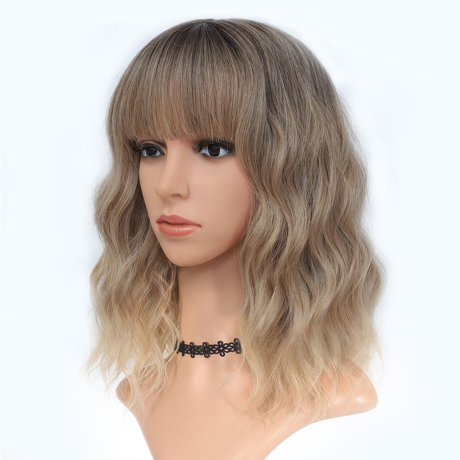 Minlee Ombre Blonde Wig With Bangs For Women 14 Inch Short Bob Wavy Curly Wig Ombre Blonde Hair Wigs Heat Resistant Synthetic Wi