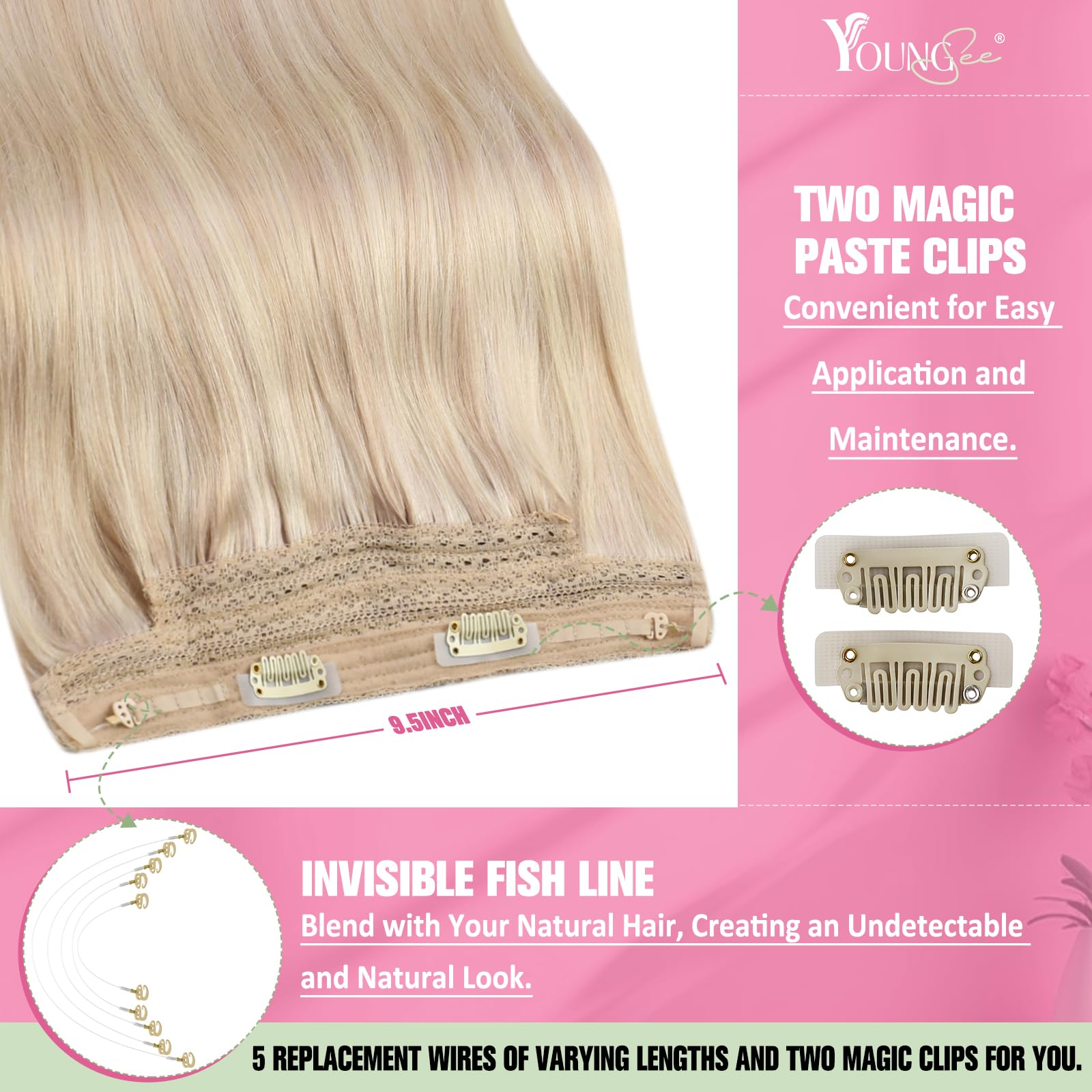 YoungSee Wire Hair Extensions for Women Blonde Highlight Wire Extensions Human Hair Dark Ash Blonde Highlight Bleach Blonde Hidd