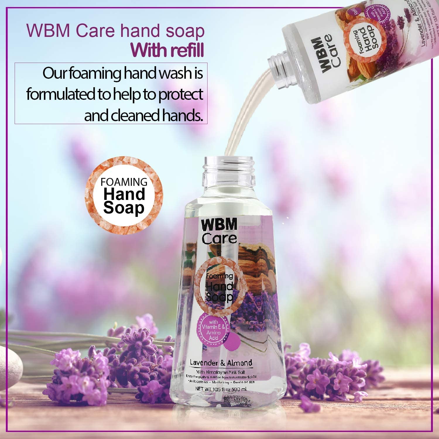WBM Care Lavender Natural Foaming Soap Refills, Enriched with Almond Scent, Vitamin E & Amino Acid, Moisturizing & Nourishing, H