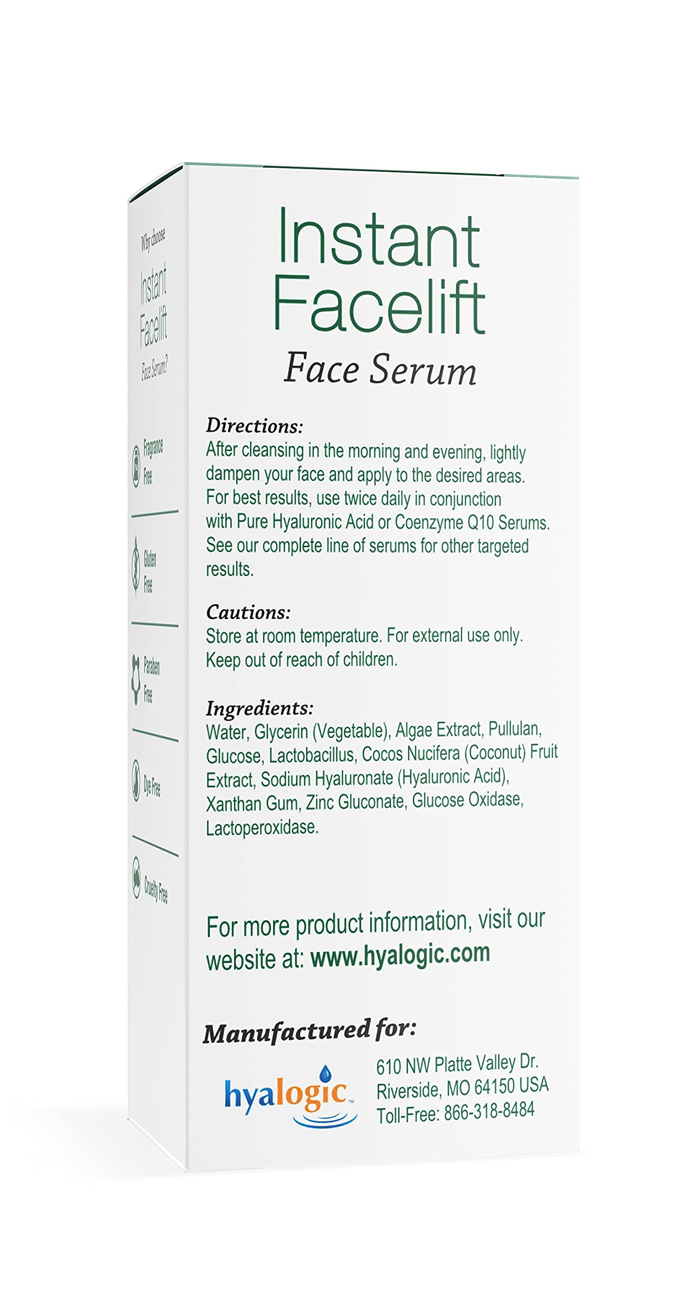Hyalogic Instant Facelift Serum w/Hyaluronic Acid & Pepha Tight Formula to Lift, Firm & Tighten Skin - Lessens Fines Lines & Wri