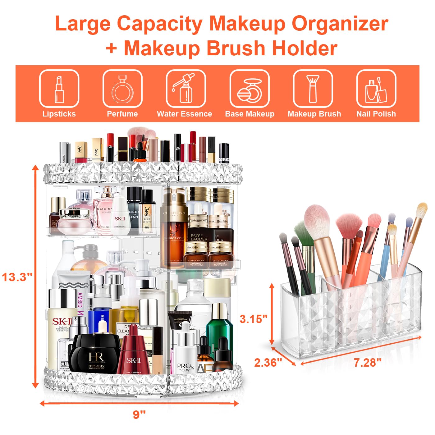 360 Rotating Makeup Organizer for Vanity + Makeup Brush Holder,Perfume Organizer with 6 DIY Adjustable Layer,Large Capacity Skin