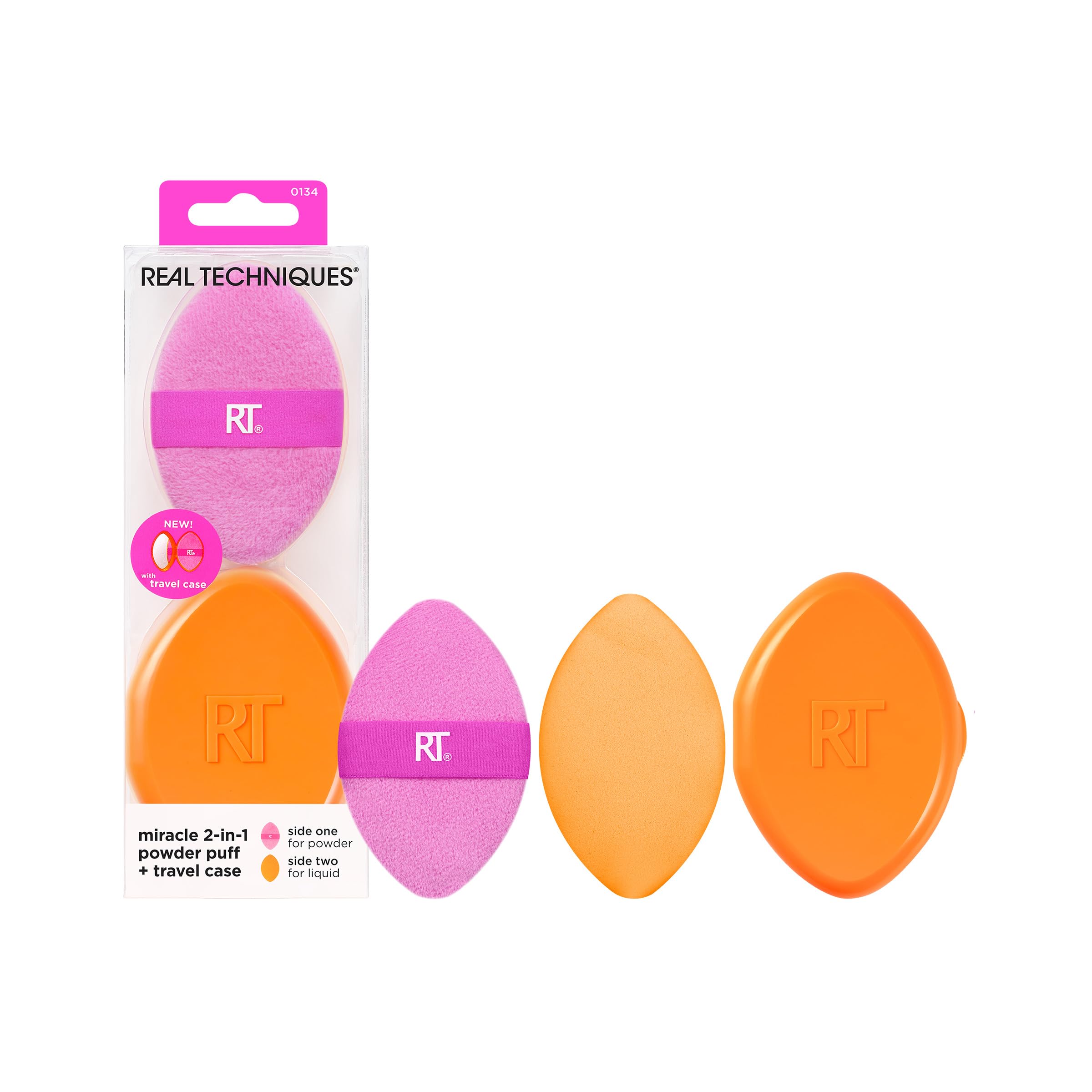 Real Techniques Miracle 2-In-1 Powder Puff + Travel Case, Dual-Sided Makeup Blending Puff, Elastic Band, Precision Makeup Sponge