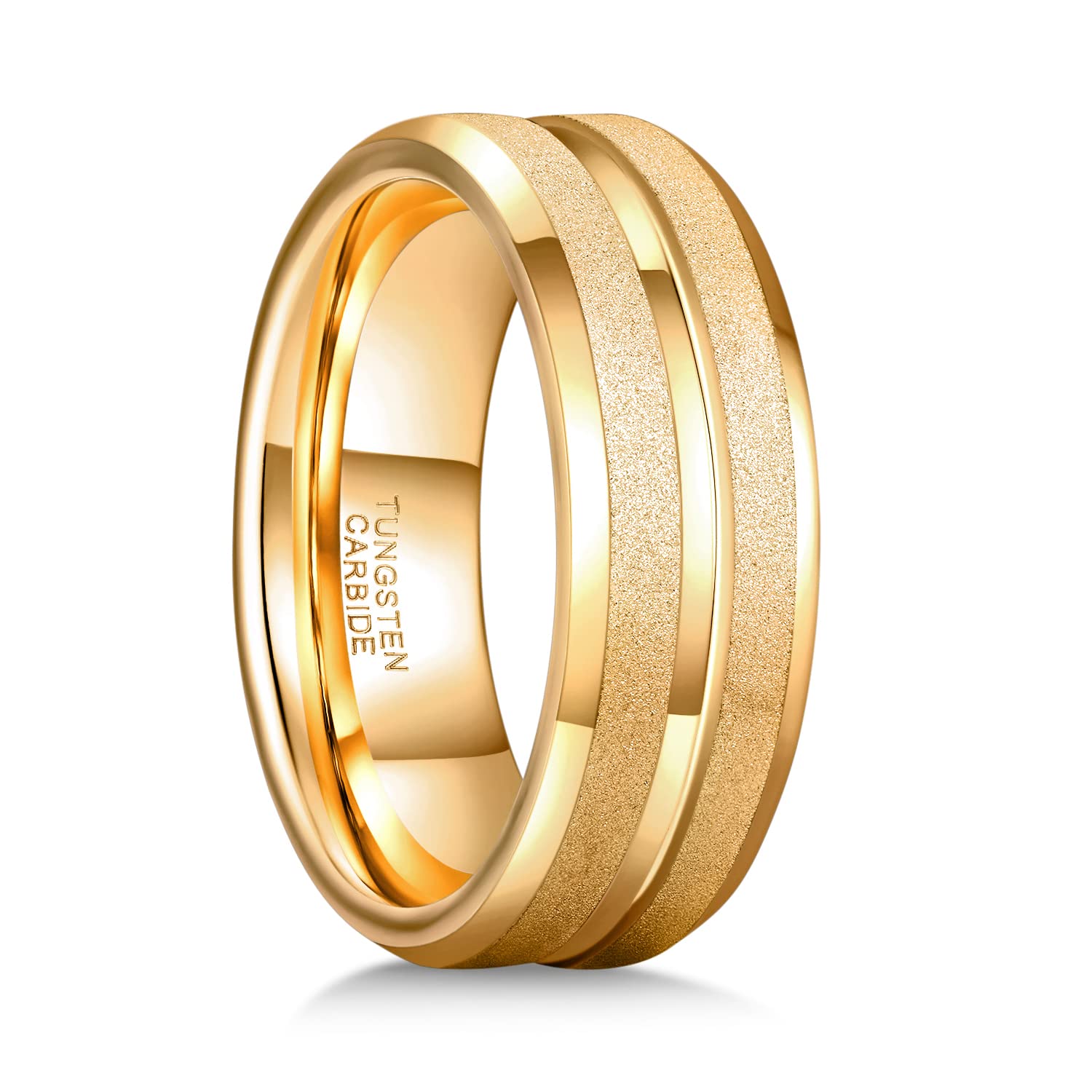 Greenpod 8MM Tungsten Carbide Rings for Men Sandblasted Beveled Edge Polished Gold Wedding Band Centre Groove Comfort Fit Size 7