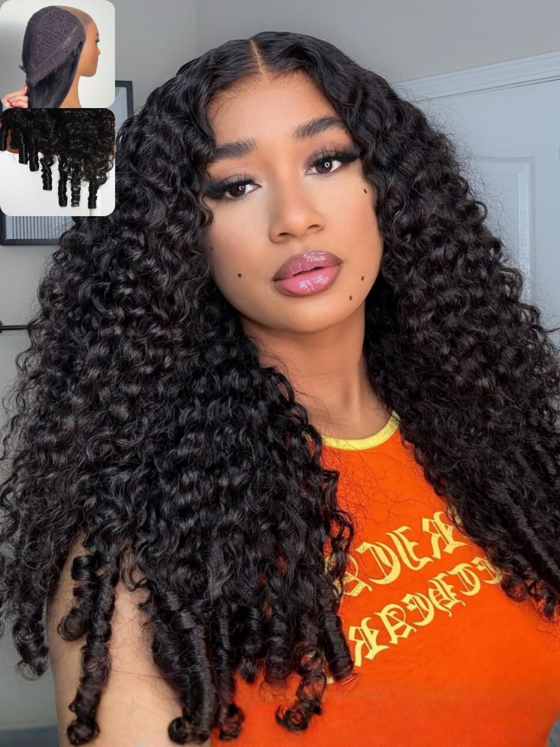 Nadula No Slip 13x4 HD Burmese Curly Drawstring Wig Human Hair with Finger Coil Ends, Glueless Pre Cut Deep Curly Lace Front Wig