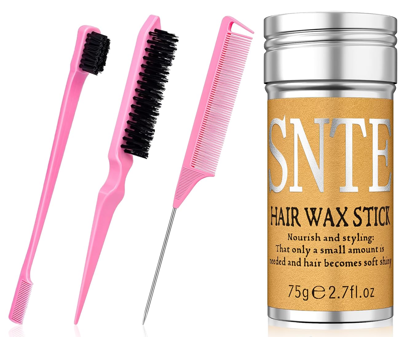 Hair Wax Stick, Edges Brush, Rat Tail Comb, Bristle Brush Set 4Pcs, Wax Stick for Hair & Wig Flyaways, Slick Back Hair Brush for