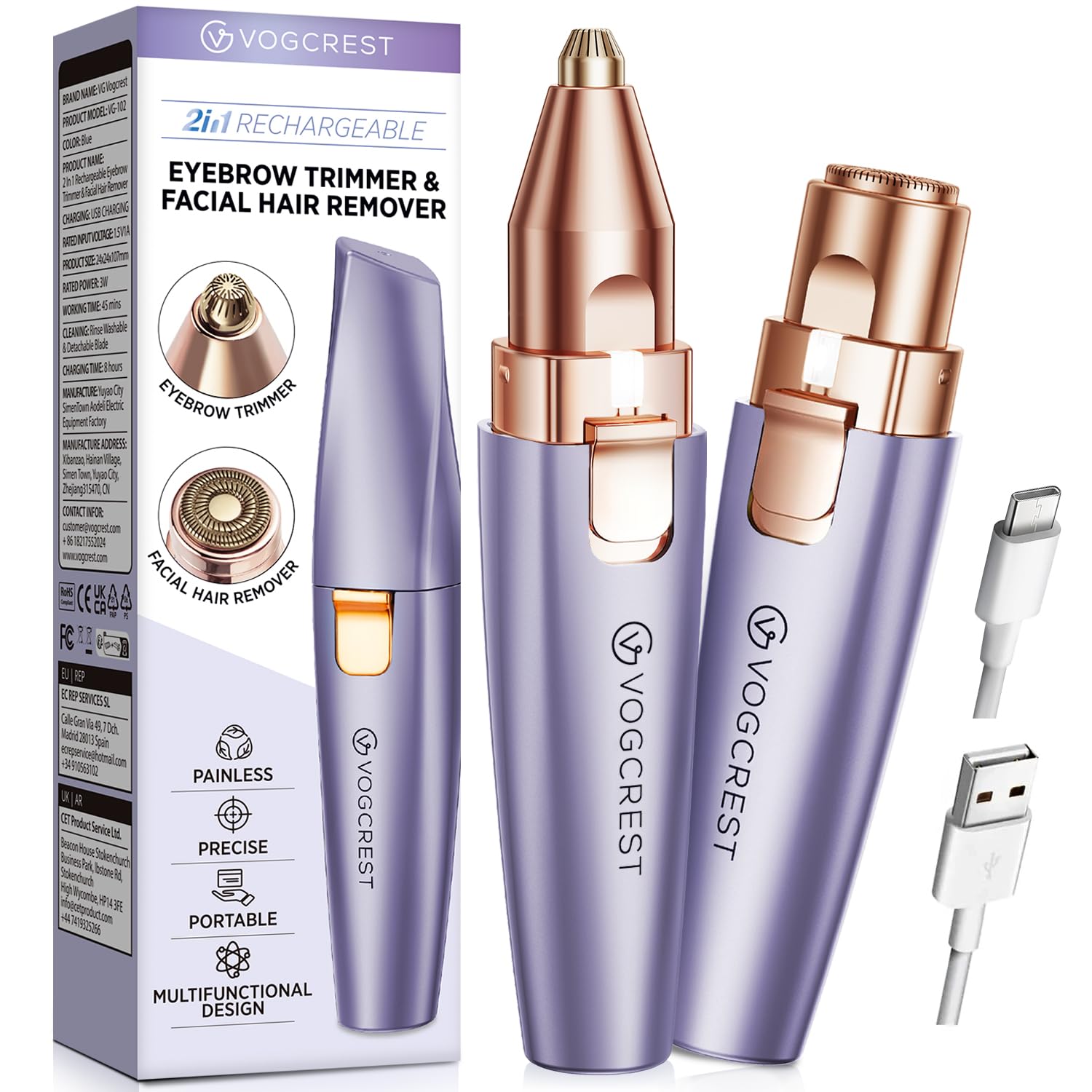 VG VOGCREST Eyebrow Facial Trimmer: 2 in1 Rechargeable Facial Hair Removal and Eyebrow Shaver - Face Lips Body Painless Facial R