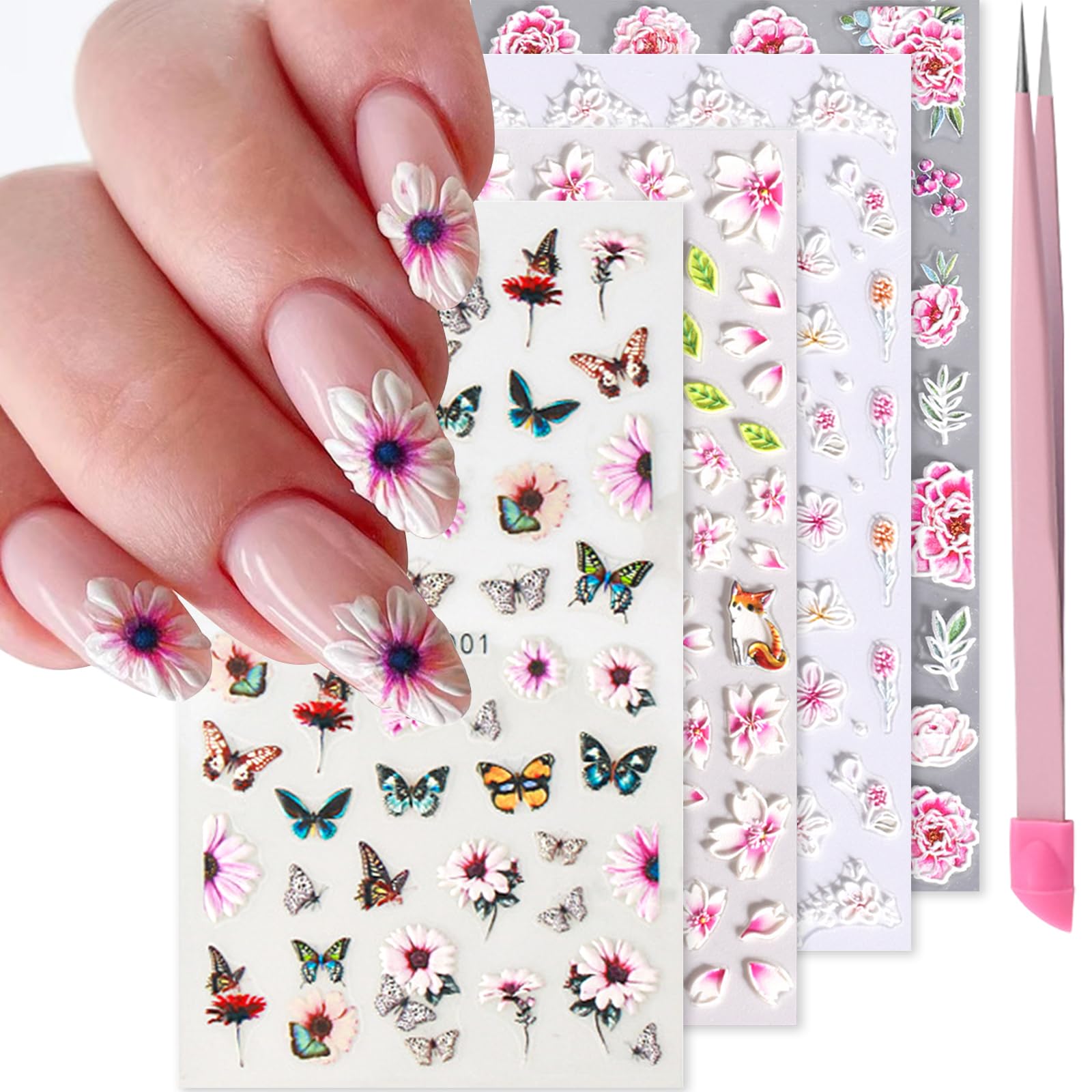 VOTACOS Pink Flower Nail Art Stickers Decals 5D Embossed Nail Decals Spring Summer Nail Art Design Self-Adhesive Nail Supplies A
